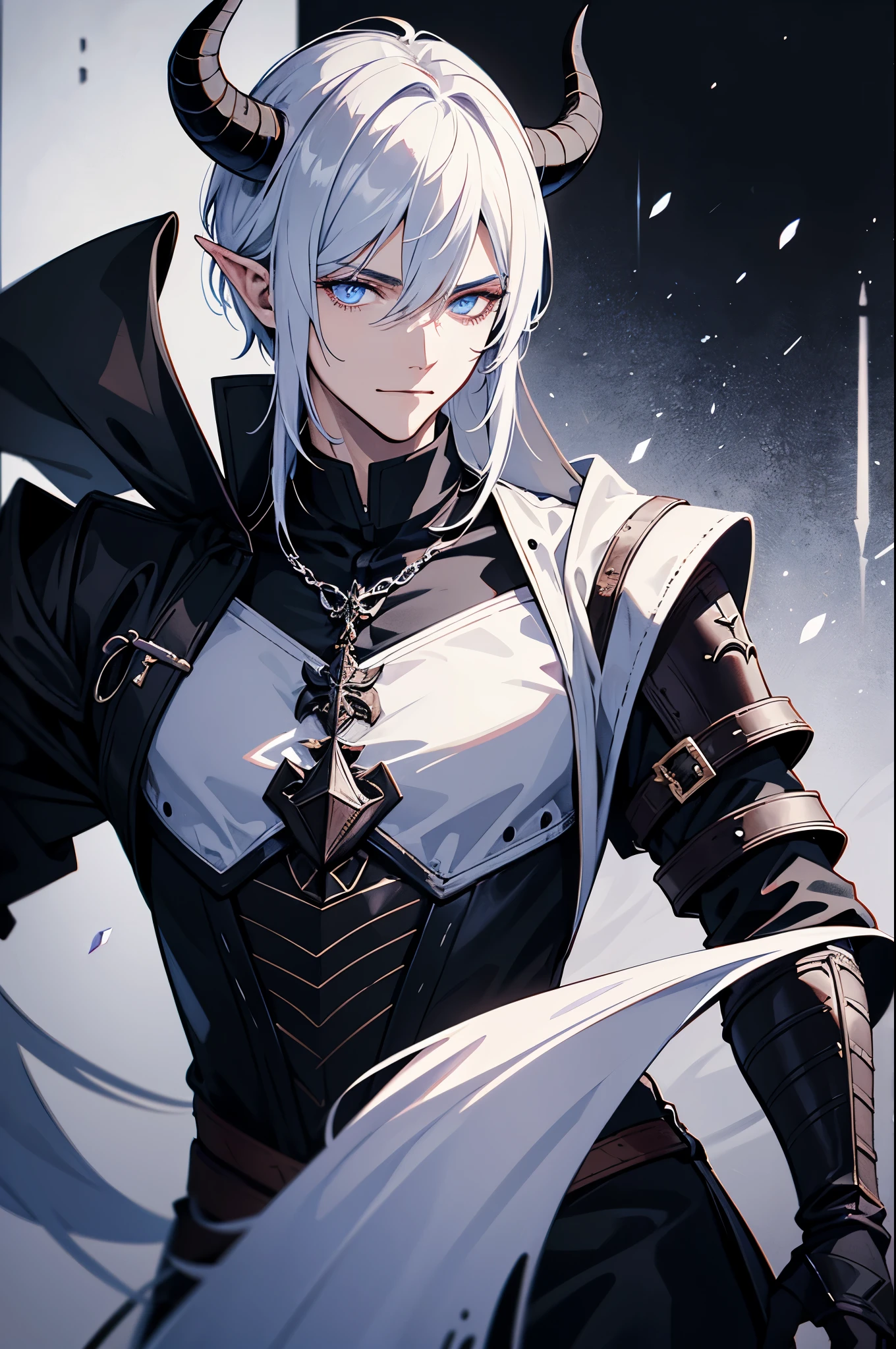 Ein eleganter Mann mit ausdrucksstarken Augen. Perfektes Gesicht, half body, Blick auf den Betrachter. Der Mann hat langes schwarzes Pferdeschwanzhaar. Der Mensch hat violette Augen und lange, elfenartige Ohren. He has two long demon horns on his head. He wears leather armor. Clothing for the Middle Ages, assasin, Dolch, easy smile, Detaillierter Hintergrund, Extreme Detailgenauigkeit, 4K