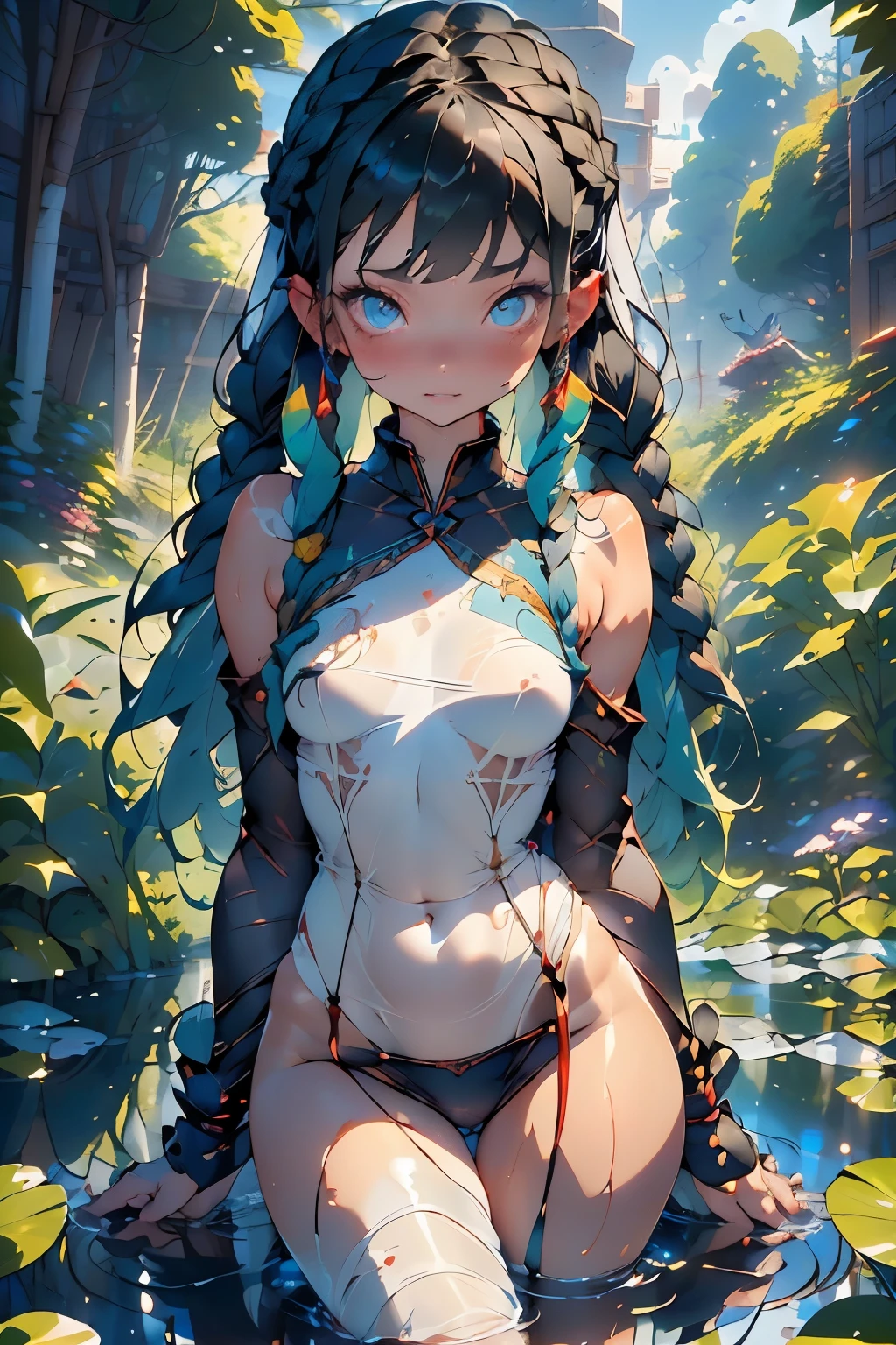 Lori tribal,(((Lori,Tiny little body,Small Man,Chibi,Small))),(((6 ))),(((1 Little bo)),(baby-face),(witund f,(Little chest),(big forhead:1.2),(Hermosos The eye grandes:1.3),extremely detailed cute anime face,
(((flat-chest))),((((Long Twin Blade,tight braids,Long braids,Braided hair,Nagahime cut,A dark-haired,A dark-haired,Colored inner hair)))),(((Viola_The eye:1.3))),The eye Convoluteds,hermosos The eye detallados,対称的なThe eye:1.5),((((shinny skin:1.5,skin tanned,glistning skin: 1.5,skin tanned,glistning skin,非常にglistning skin,Shiny body,Reflex ribs)))),(((详细的脸))),Beautiful feceディテール唇,
(Beautiful fece,kawaii,(NSFW)),🦄,🌈,
Long Loincloth,(nabel),shaman tribal costume,tribal thong,(Tribal attire,Ancient Egyptian style),nabel,bare-legged,Bare arms,nabel expuesto,Collar,(Tribal attire),((red clothing,Wet clothes,Traje Convoluted)),
dynamicposes,look at viewr,embarrassed from,middle,scale to suit the dimensions,thirds rule,
outside of house,grew abnormally,(Overgrown background,shining crystals,Bioluminescent plants),Scenic,extreme landscape,(((shining crystals,Bioluminescent plants))),(Puddles everywhere,musgo,musgo en el fondo),云,lilypads,Palm trees,reeds,(Sundown, the golden hour),
(bright egyptian ornaments),(top-quality,8K,32K,masterpiece),hight resolutionであり,(fotorrealist:1.4),光线追踪,glare from the sun,depth of fields,By backlight effect,Add depth to your screen,(((vivd colour,Vibrant themes))),(Convoluted),(highly contrast,Ilustraciones fotorrealists:1.37),(best qualtiy,4K,hight resolution,masterpiece:1.2),ultra-detailliert,(realist,fotorrealist,fotorrealist:1.37),Professional,