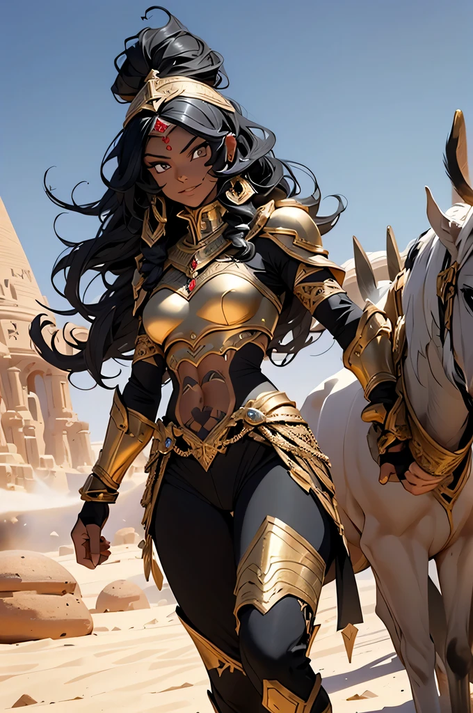 (Masterpiece, Best quality, high resolucion) 1 Grande Guerrière Egyptian Black and Musclée with the Black Cheveux Bouclés and the Yeux Dorés, armure arabe rouge, Petit sourire, couvert de tatouages, jewelry debut in a desert, ready to fight; action pose, Angle dynamique, fantaisie