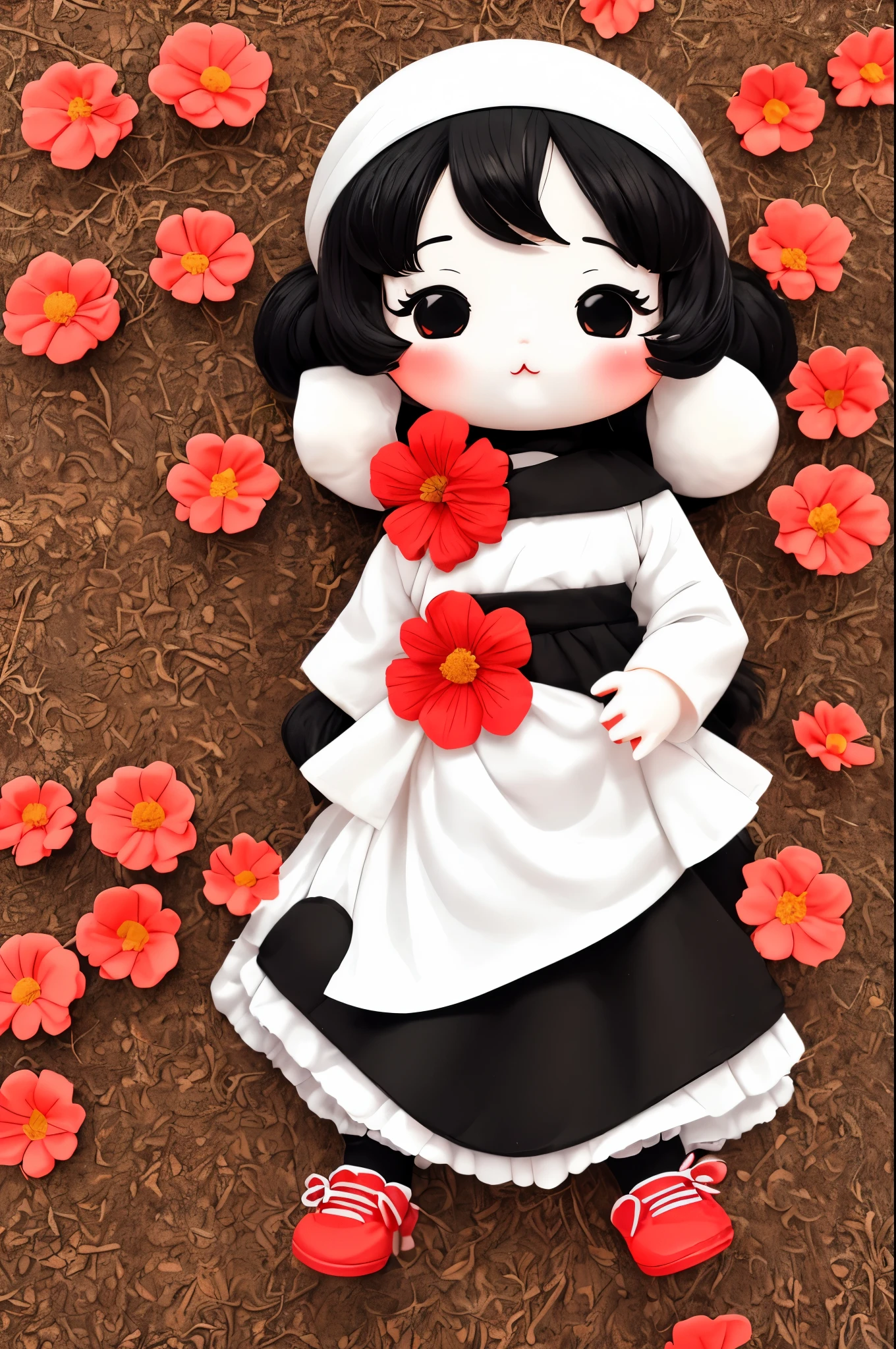 photoRealstic、((use white, black and red))、soft vinyl mini cute doll、((Emphasize the softness of the doll))、Yawning face、In a cute pose、up of face、Eye Up、put hands forward、There are also flowers in the foreground...、Wear cute shoes、season!!: 夏天☀ 🍂