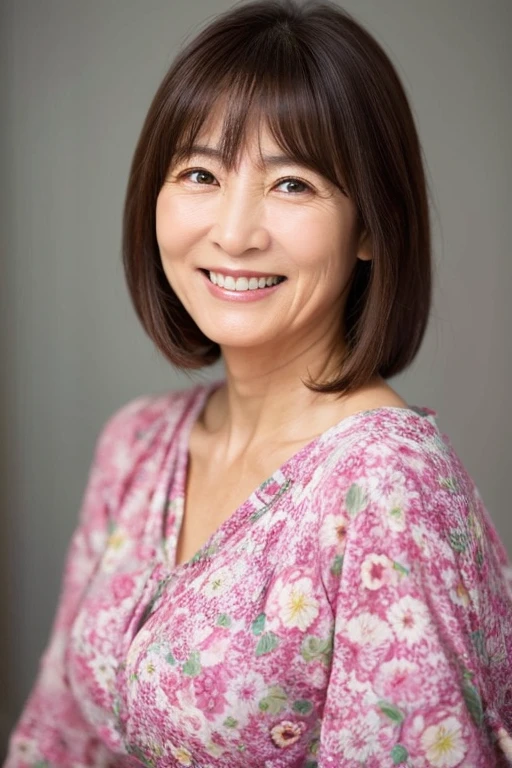 最high quality, In 8K, Overall image, Genuine, Sharp focus, high quality, High resolution, Detailed face, fine grain, Thick lips, Background Blur, alone, Middle-aged women, , 65 years old, , Wavy Hair, Cleavage, Wearing a plain short-sleeved knit, Standing in the park, Wrinkles around the eyes, Smiling with teeth showing