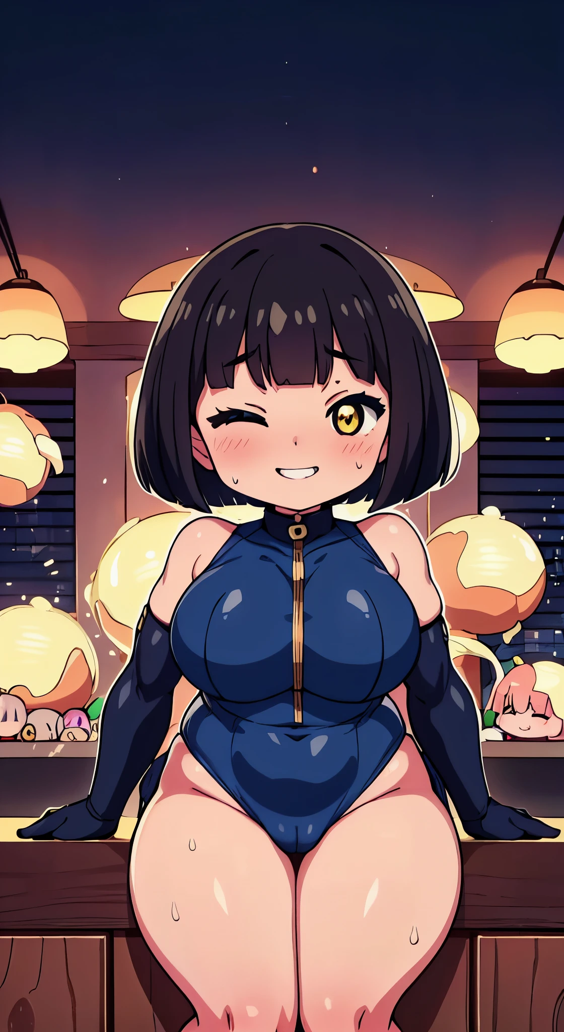 (Perfect body),Best Quality,(8K Portrait),(anime screen cap)、((Police Woman)),blush,Sweat,((large udder))、(Dark hair),((bob cuts))、Yellow eyes,(((thick thighs))),((Navy blue leotard))、((A smile))、showing teeth、one eye closed、(((Chibi)))、kneeking
