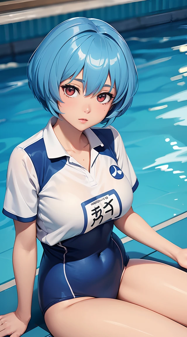 a pregirl,Lea Yabo,ayanami rei,Short blue hair,Proud figure,swimming uniform,Sat down,opening legs,ultraclear,8k,high-quality picture