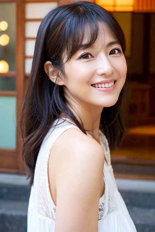 Upper body portrait of a 40-year-old Japanese woman,Beautie,ren,nasolabial folds,a smile