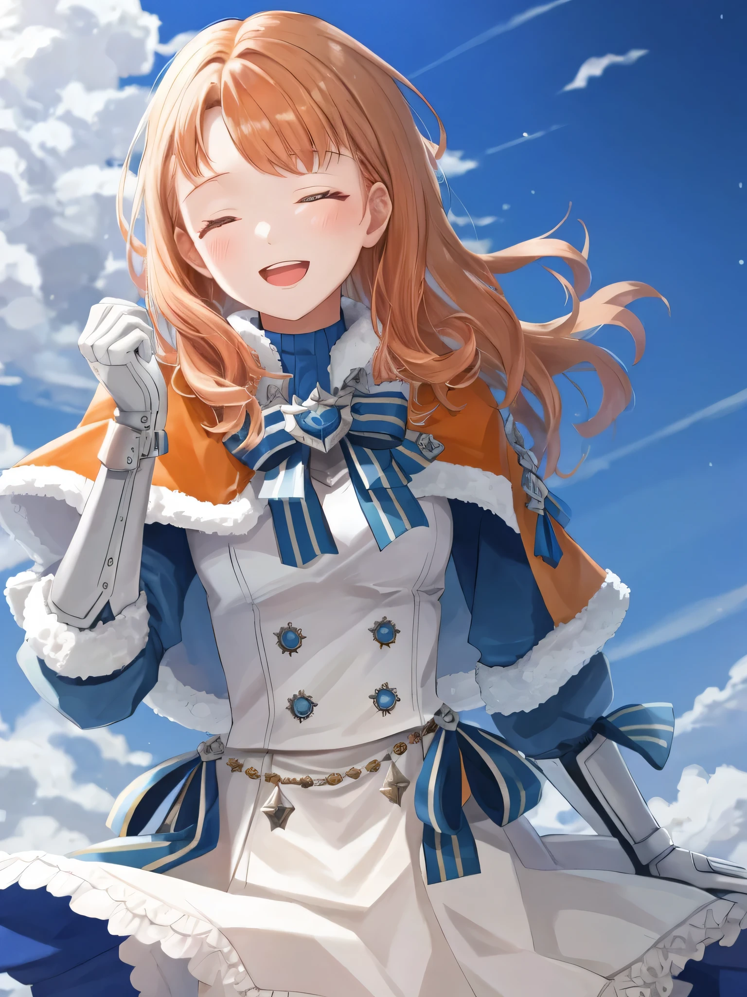 annette_war, 1girl, solo, long hair, smile, open mouth, gloves, long sleeves, bow, closed eyes, upper body, white gloves, fur trim, capelet