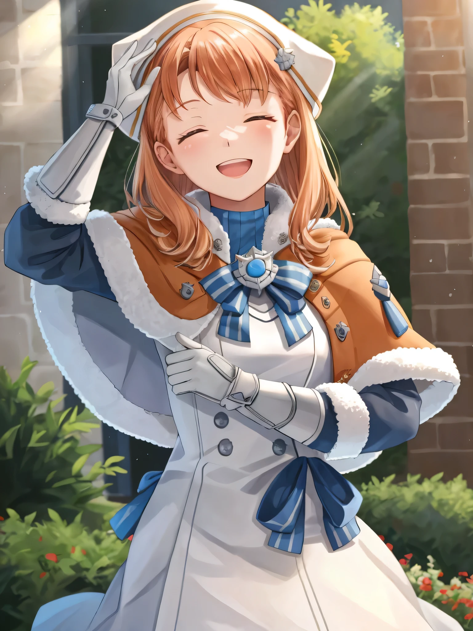 annette_war, 1girl, solo, long hair, smile, open mouth, gloves, long sleeves, bow, closed eyes, upper body, white gloves, fur trim, capelet