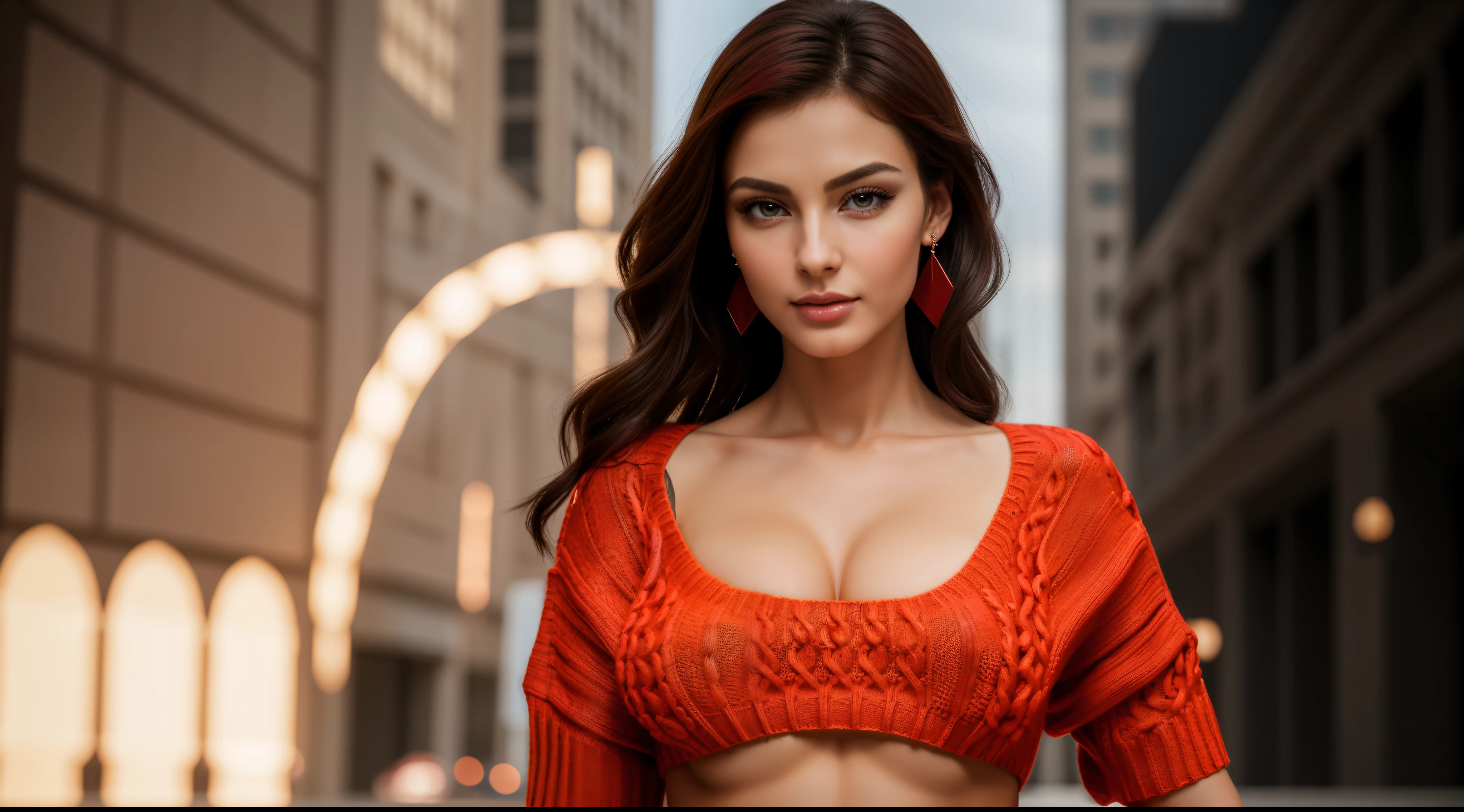 ((a badass girl (stand:1.2) (alone:1.6))),((full-body:1.4, cinematic-shot)),(best quality,4k,8k,highres,masterpiece:1.2),ultra-detailed,(realistic,photorealistic,photo-realistic:1.37),(beautiful and aesthetic:1.2),(film grain:1.3).

[(1girl),(solo),((1 person)),(17years-old),[Raiana-Elizabeth-Dilla],pearl skin,(skin pores:1.1),beautiful detailed eyes,beautiful detailed lips,extremely detailed eyes,longeyelashes,extremely detailed face and skin texture,(skin texture:1.1),black hair,tall and slender body,(192cm tall),thin and delicate figure,graceful posture,flawless skin,defined abs,perfect curves,feminine appearance,beautiful long legs,embodying elegance and beauty,(cleavage breasts,large breasts:1.4),((wearing a sexy ((red) ultra-short sweater minidress):1.4)),extremely detailed and realistic (red) clothes,(shiny skin),((sharp focus:1.5)),(earringeathers:1.5)].

[fierce attitude, powerful gaze, confident expression, edgy fashion style, punk long-haircut, strong physique, tattoos, piercing eyes, studded gloves, high-heeled boots, smoking,  backdrop, dramatic lighting, vibrant colors].

Official art,extremely detailed,Angelic ethereal beauty,award-winning photography,professional photography,depth-of-field,bokeh.