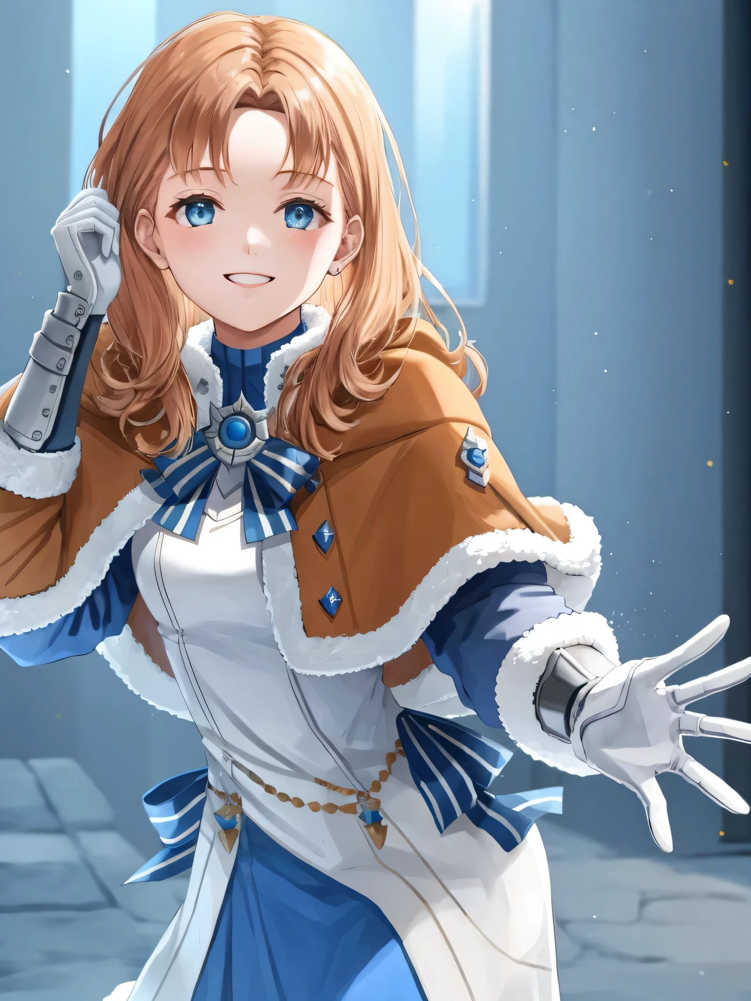 annette_war, 1girl, solo, long hair, smile, gloves, long sleeves, bow, upper body, white gloves, fur trim, capelet