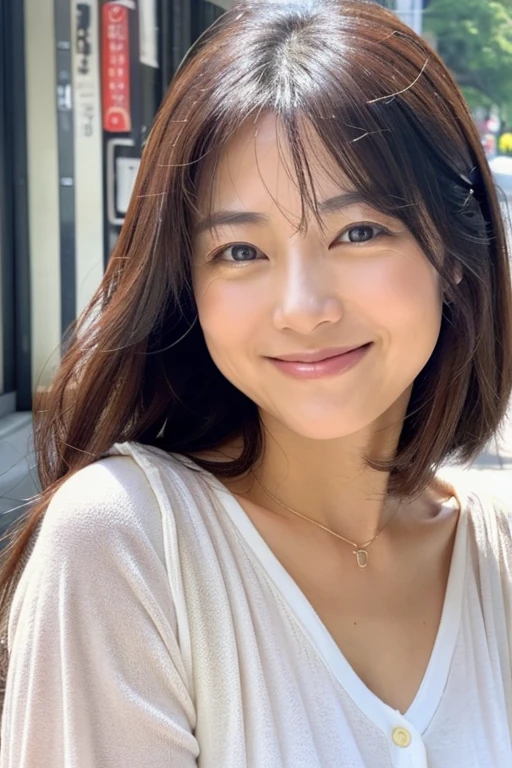 Upper body portrait of a 40-year-old Japanese woman,Beautie,ren,nasolabial folds,a smile