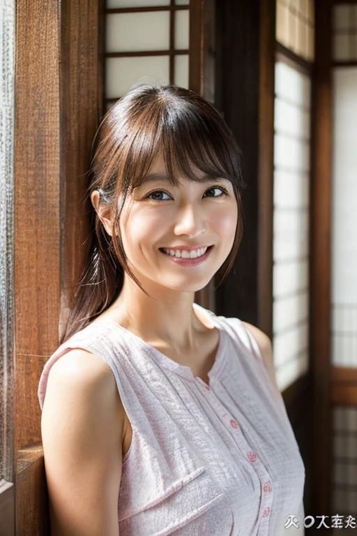 Upper body portrait of a 40-year-old Japanese woman,Beautie,ren,nasolabial folds,a smile