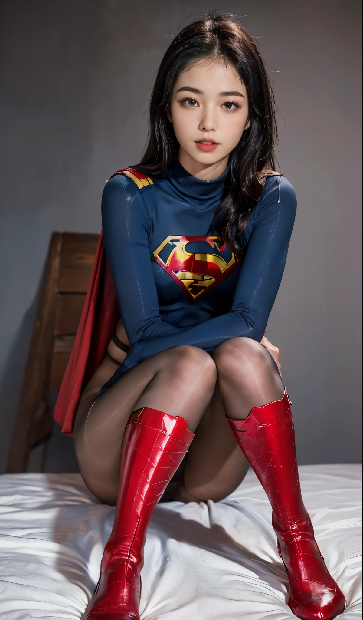 No background、Are sleeping、lying back on、(((Wear black tights on your beautiful legs.)))、(((Grow legs、tall、Legally express the beauty of your smile)))、((((Make the most of the original image)))、(((Supergirl Costume)))、(((beautiful hairl)))、(((Suffering)))、(((Feet must necessarily be worn with black tights)))、(((You need to wear red boots)))、((Top image quality、8K))、((top-quality、8K、​masterpiece:1.3))、(((Keep Background )))、Crisp focus:1.2、Beautiful woman with perfect body shape:1.4、Slender Abs:1.2、a wet body:1.5、Highly detailed facial and skin texture、8K