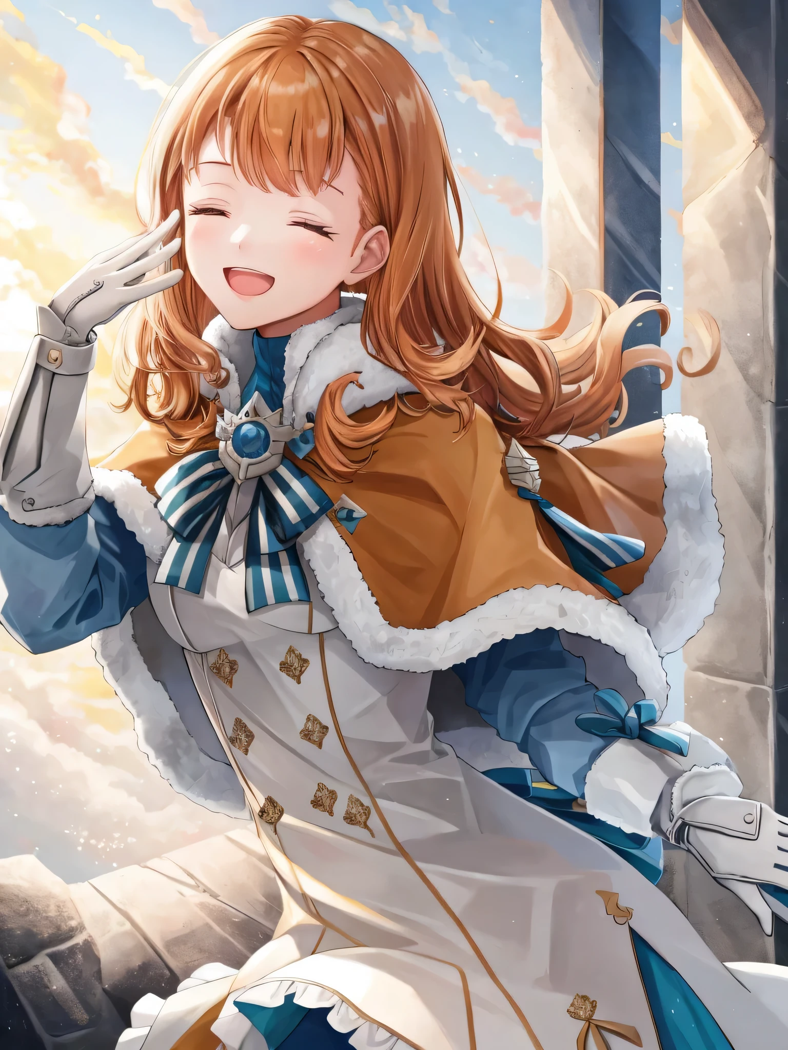 annette_war, 1girl, solo, long hair, smile, open mouth, gloves, long sleeves, bow, closed eyes, upper body, white gloves, fur trim, capelet