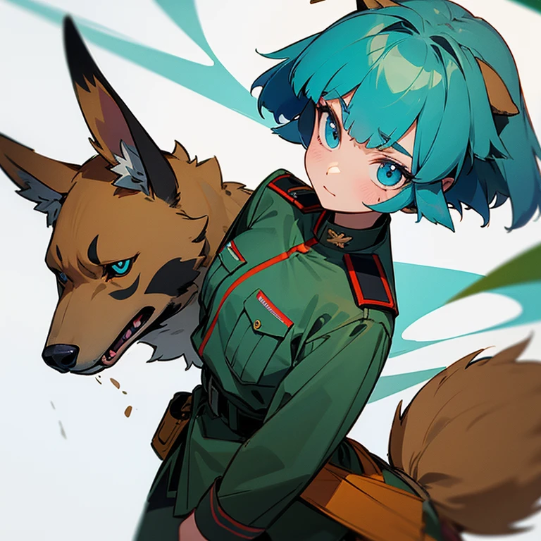 Tyanka in a military black and birch military uniform , with a dog&#39;s tail and ears , turquoise hair and blue eyes