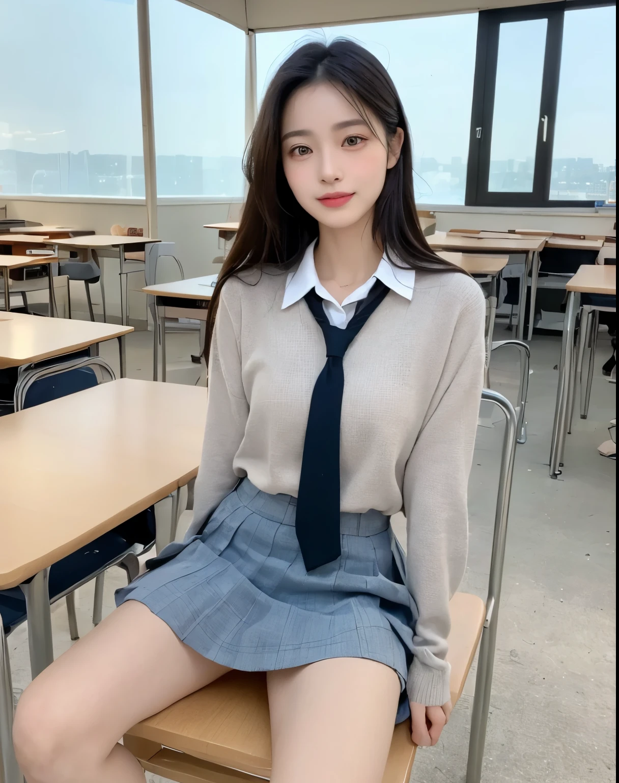 (((Best Quality, 8K, Masterpiece: 1.3,)), high-definition facial features, delicate facial feature, 1girl, Slim Abs Beauty: 1.3, ((long hair, natural hair)), (((wearing sexy school uniform))) fine Face, (((Delicate Eyes))), Double Eyelids, Smile, looking at the viewer, (full body 1.5), (((class room))), ((((natural background)))), (sitting) chair, window