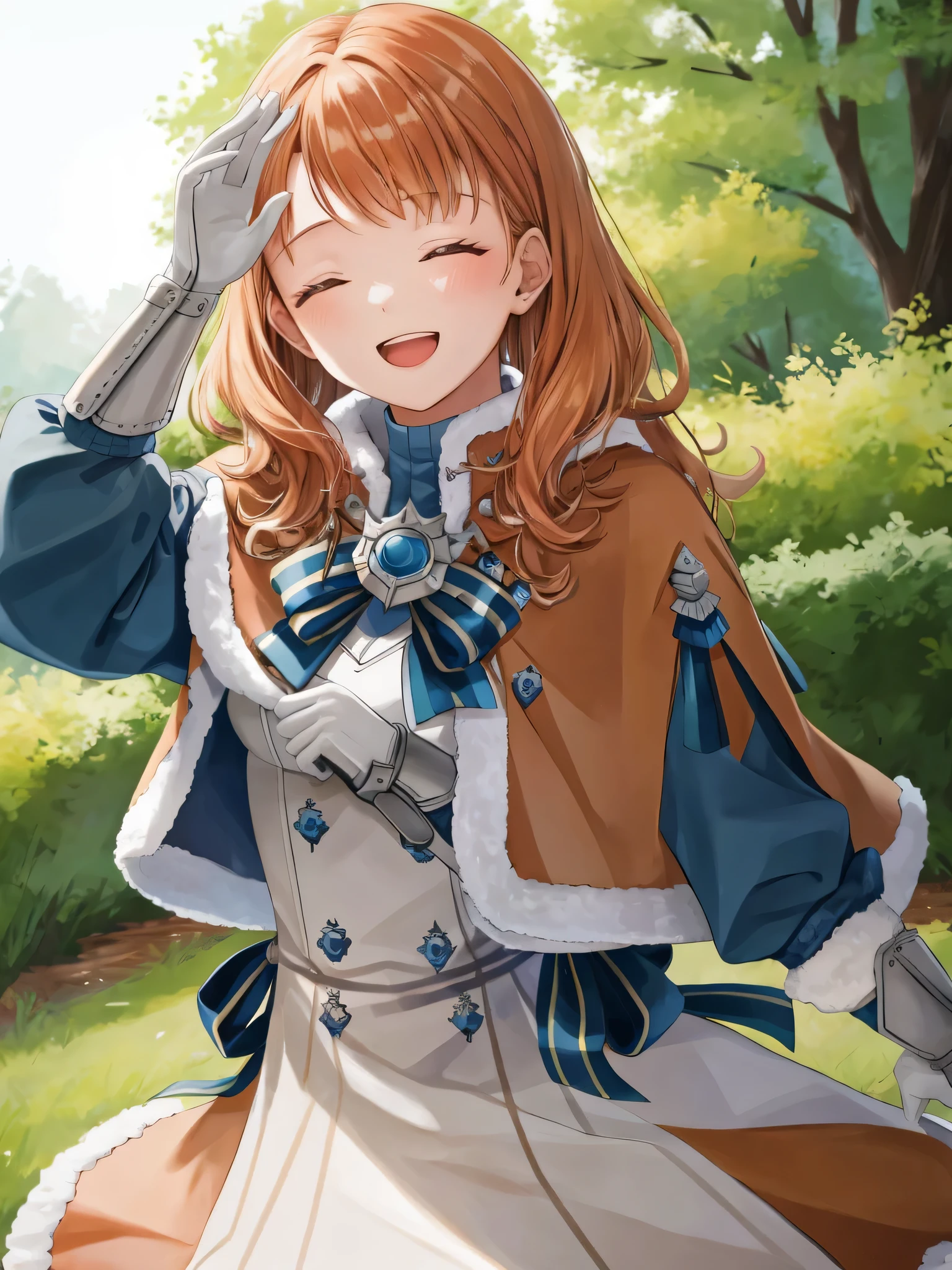 annette_war, 1girl, solo, long hair, smile, open mouth, gloves, long sleeves, bow, closed eyes, upper body, white gloves, fur trim, capelet