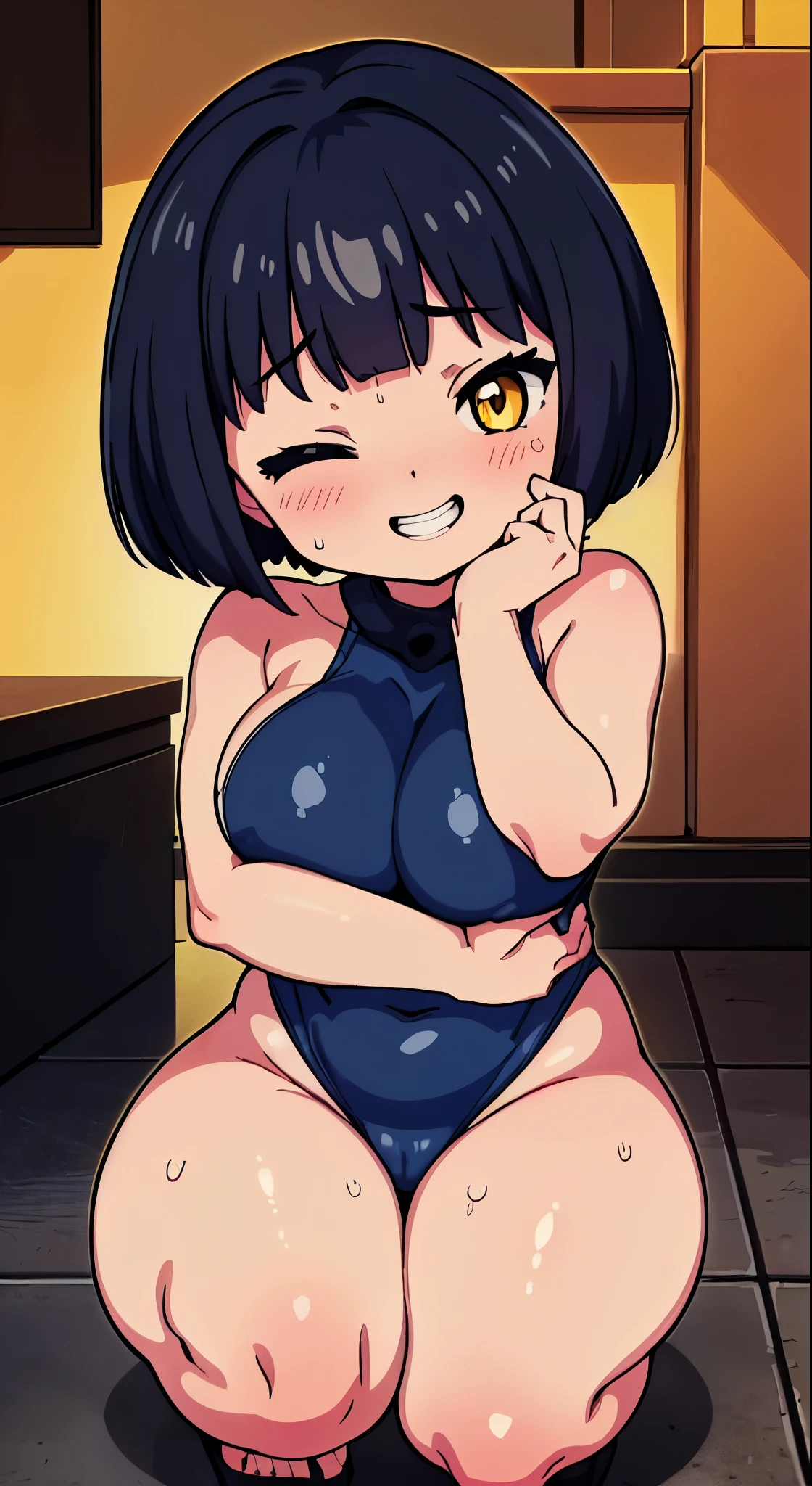 (Perfect body),Best Quality,(8K Portrait),(anime screen cap)、((Police Woman)),blush,Sweat,((large udder))、(Dark hair),((bob cuts))、Yellow eyes,(((thick thighs))),((Navy blue leotard))、((A smile))、showing teeth、one eye closed、(((Chibi)))、squatting