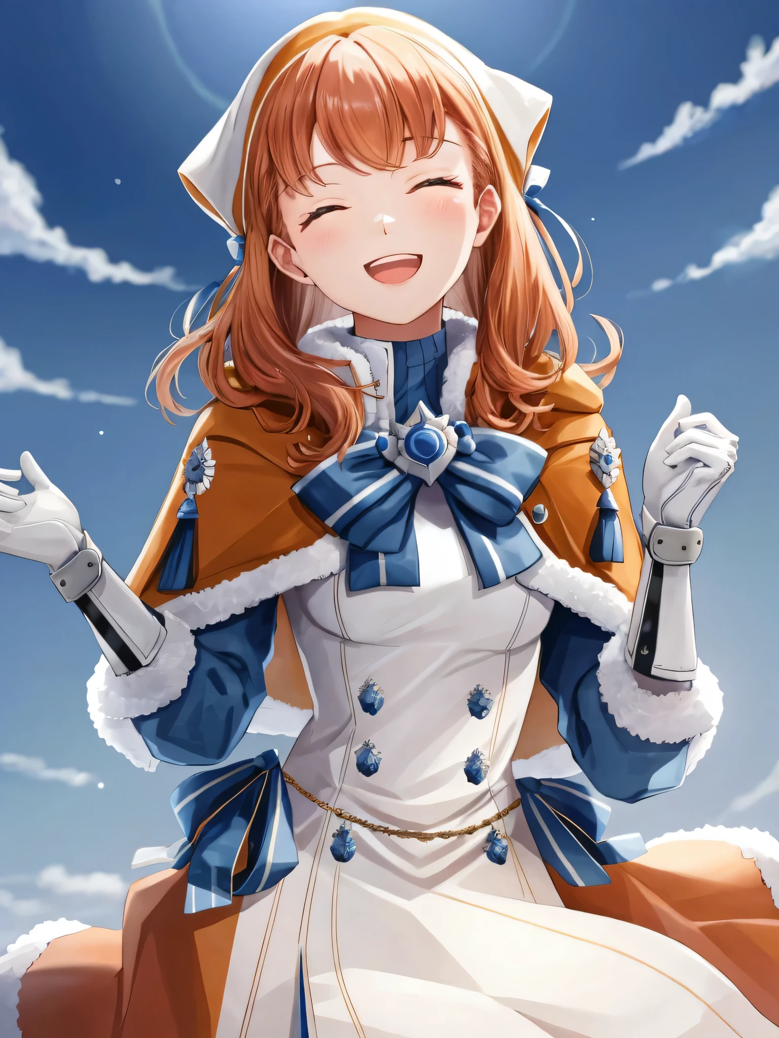 annette_war, 1girl, solo, long hair, smile, open mouth, gloves, long sleeves, bow, closed eyes, upper body, white gloves, fur trim, capelet, heart hands