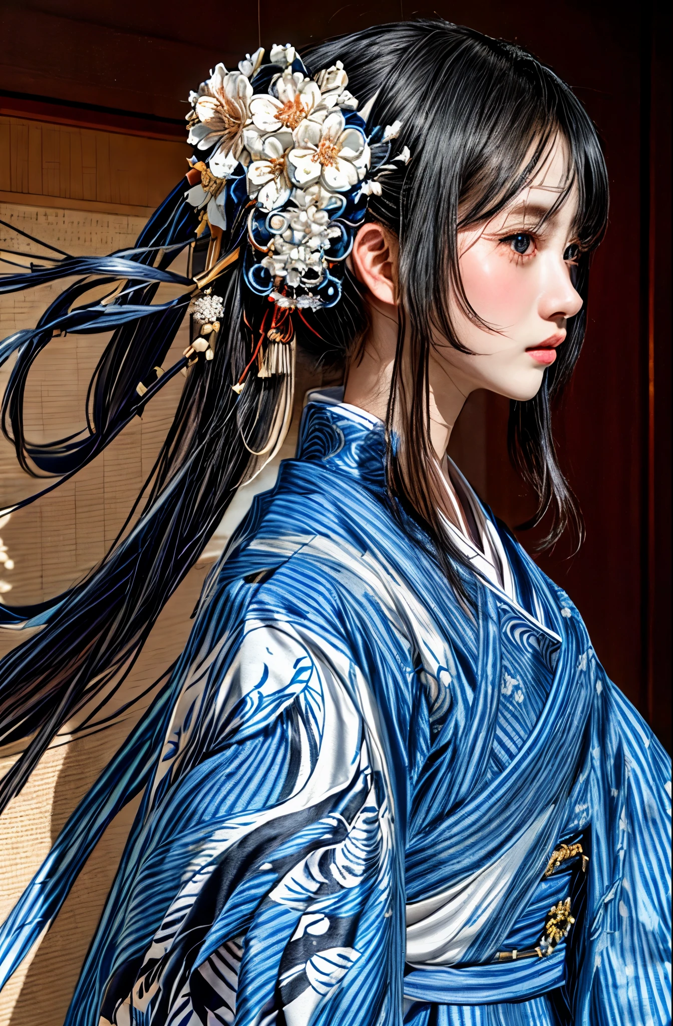 shiny black hair, pale skin, Kimono with white pattern on blue cloth, on classic Japanese street