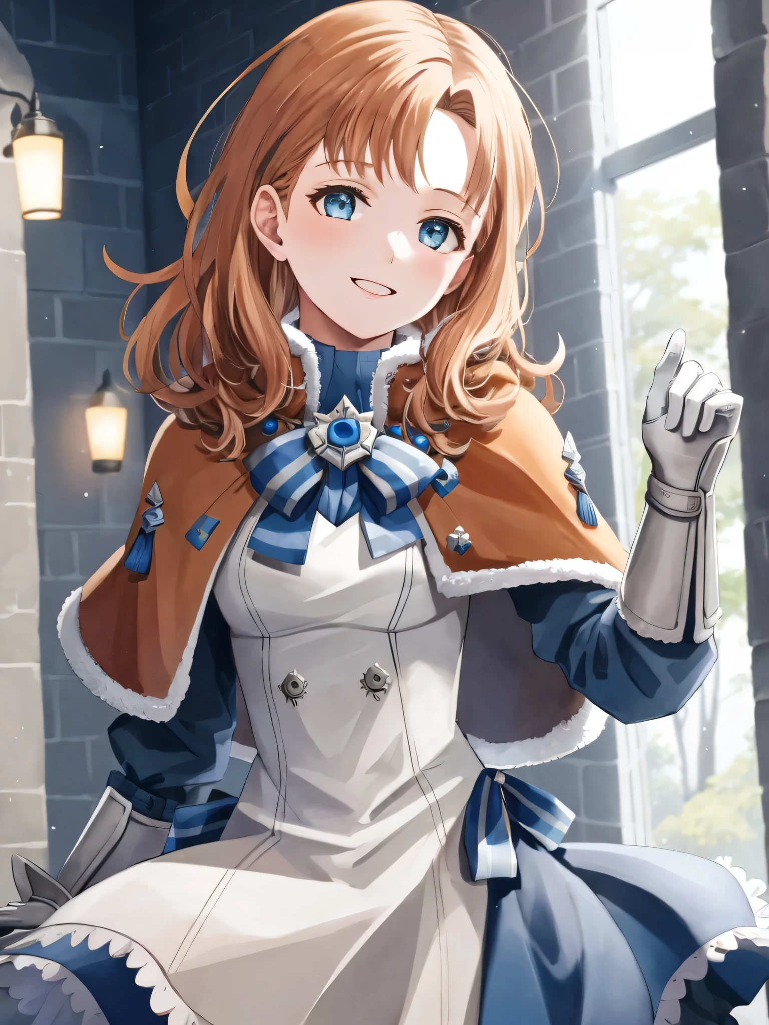 annette_war, 1girl, solo, long hair, smile, gloves, long sleeves, bow, upper body, white gloves, fur trim, capelet