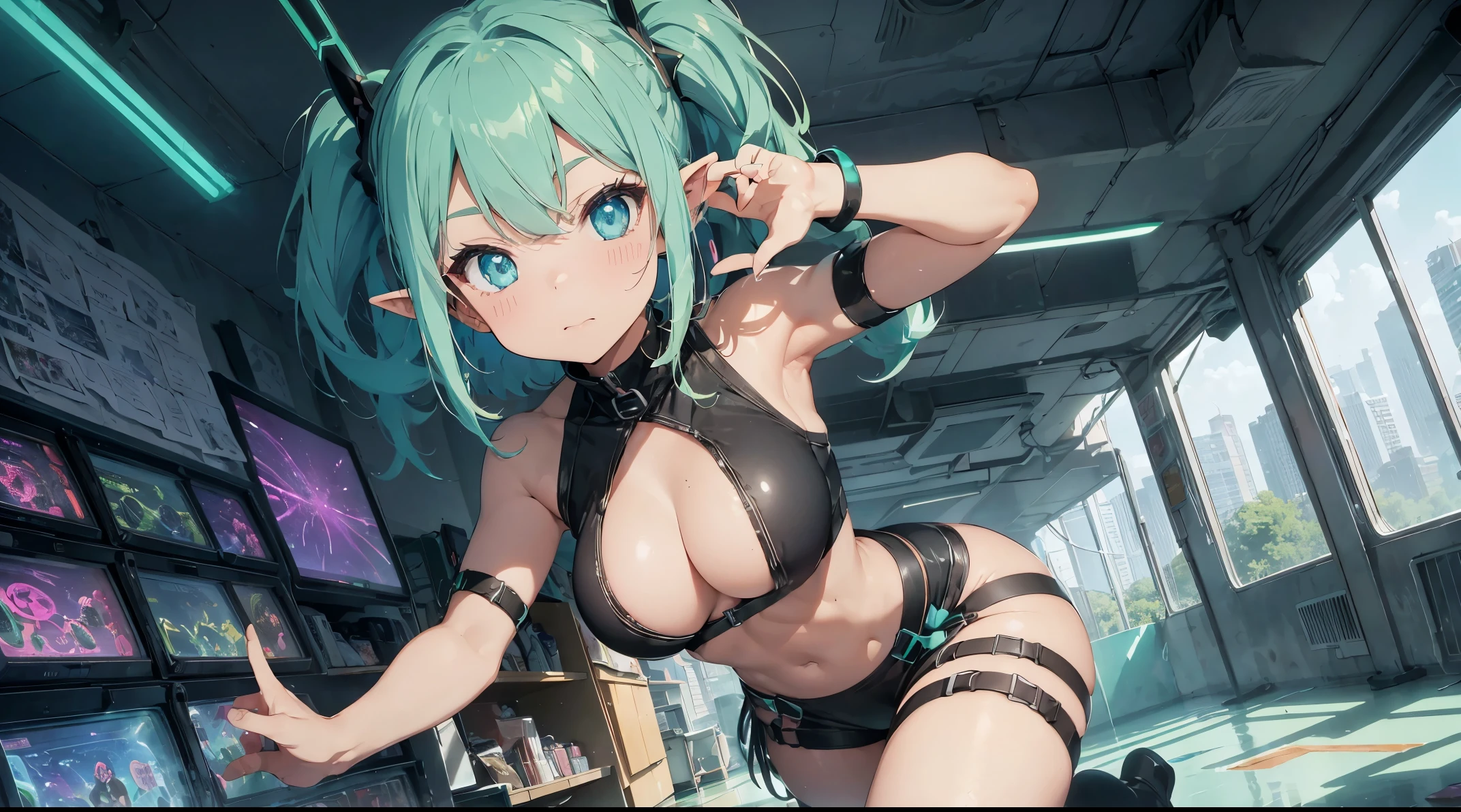 two beautiful skinny elf girls, rainbow color, neon grean and teal haircolor, space buns, cute face, giant green and black octopus tentacles touching the girls, extreme abs, cute face, rainbow colors, city, cityscape, ancient ruins, beautiful girls, cute face, desert, cute face, long neon colored hair, cat ears, extreme abs, rainbow colors, laboratory, desert oasis, cute face, water, detailed scene, futuristic style, rainbow colors, neon green detailes, in a e-girl room with a lot of stuff on the walls, neon blue extremely long hair, cute face, extreme abs, very skinny, futuristic style, computer, cute face, cluttered room, art paintings, neon signs, window, drow elf, extreme abs,