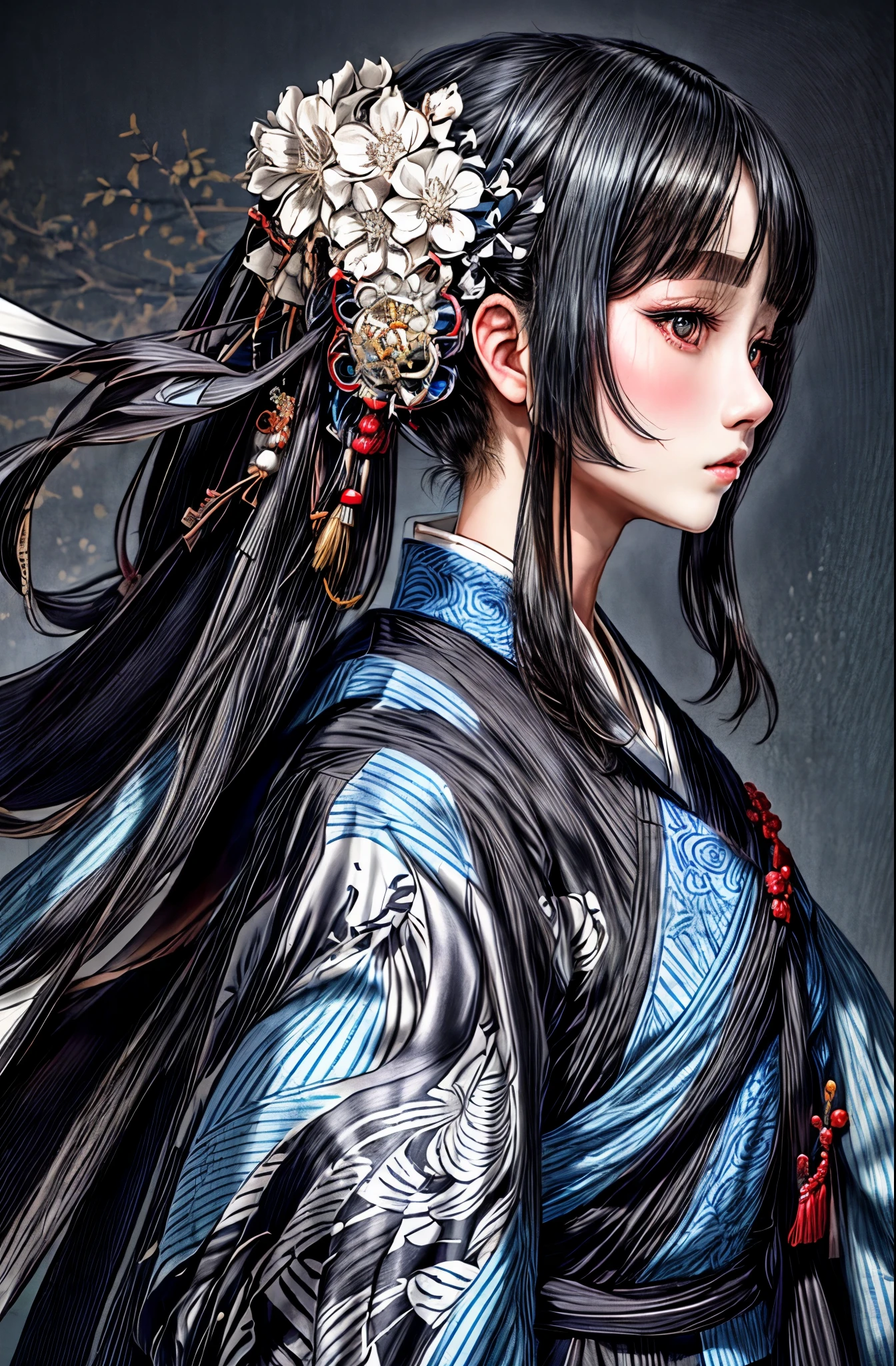 shiny black hair, pale skin, Kimono with white pattern on blue cloth, on classic Japanese street