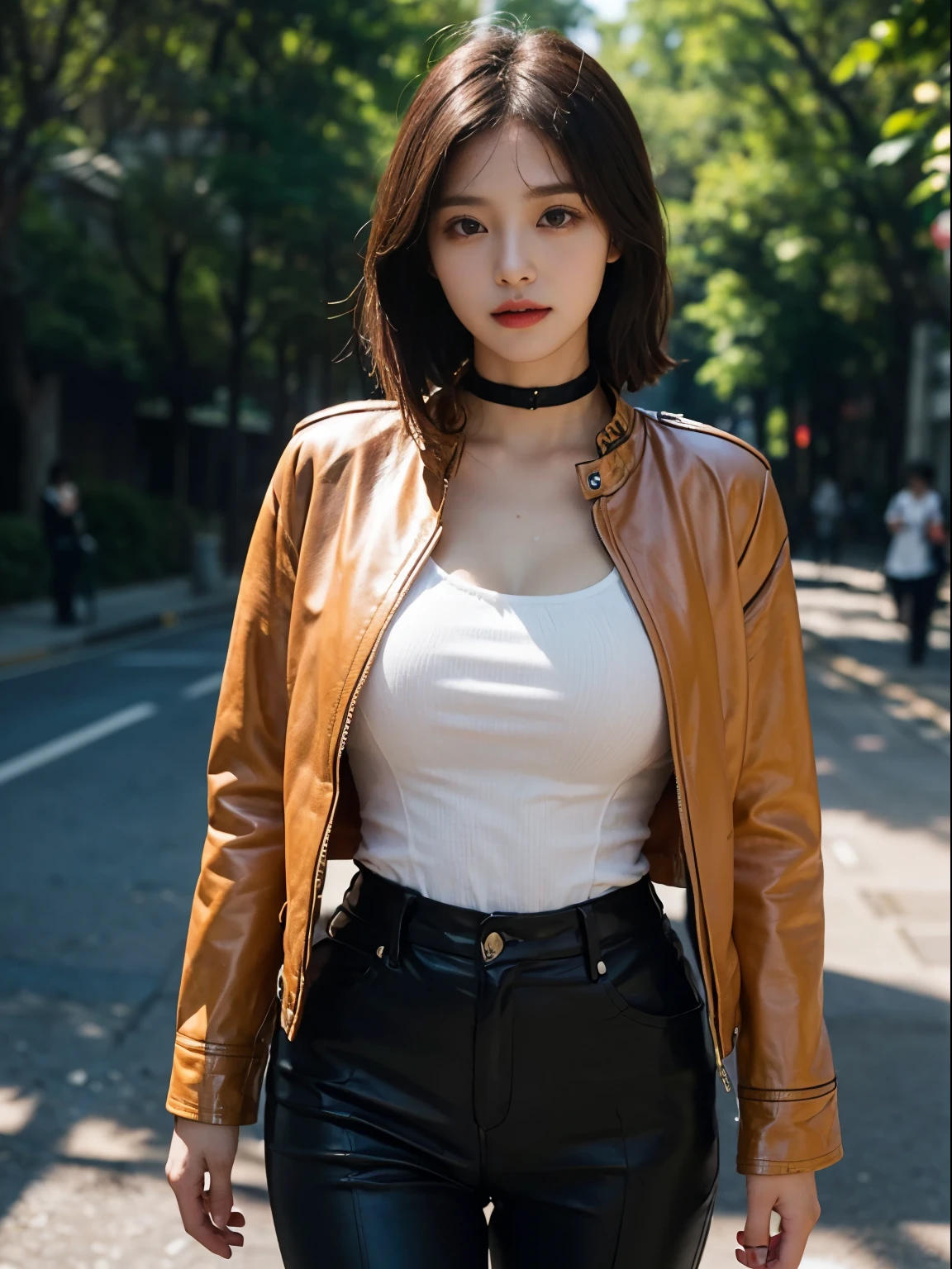 1人の女性、Korea person、Korea person美女、leather jackets、corsets、a choker、Crotch chuck、intricate detailes、hightquality、(High class:1.4)、super realistic 8K、face perfect、Perfect、clean、masterpiece、Professional artwork、famousartwork、face perfect、Beautiful expression、beautidful eyes、short dark hair、wetting hair、very Bigger breasts、clothes shiny、model poses、Ultra-realistic 4K、Top image quality、natural park background