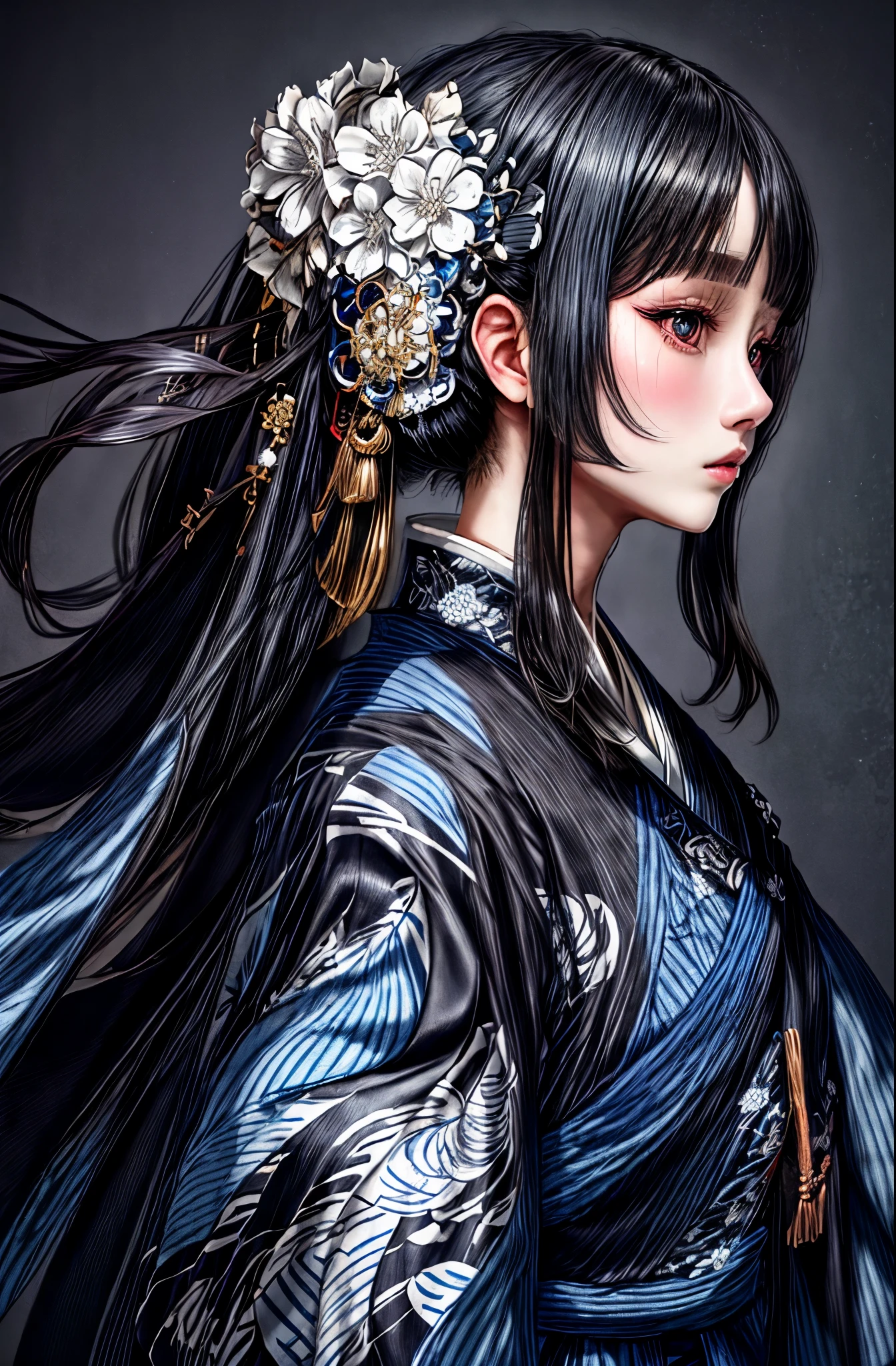 shiny black hair, pale skin, Kimono with white pattern on dark blue cloth