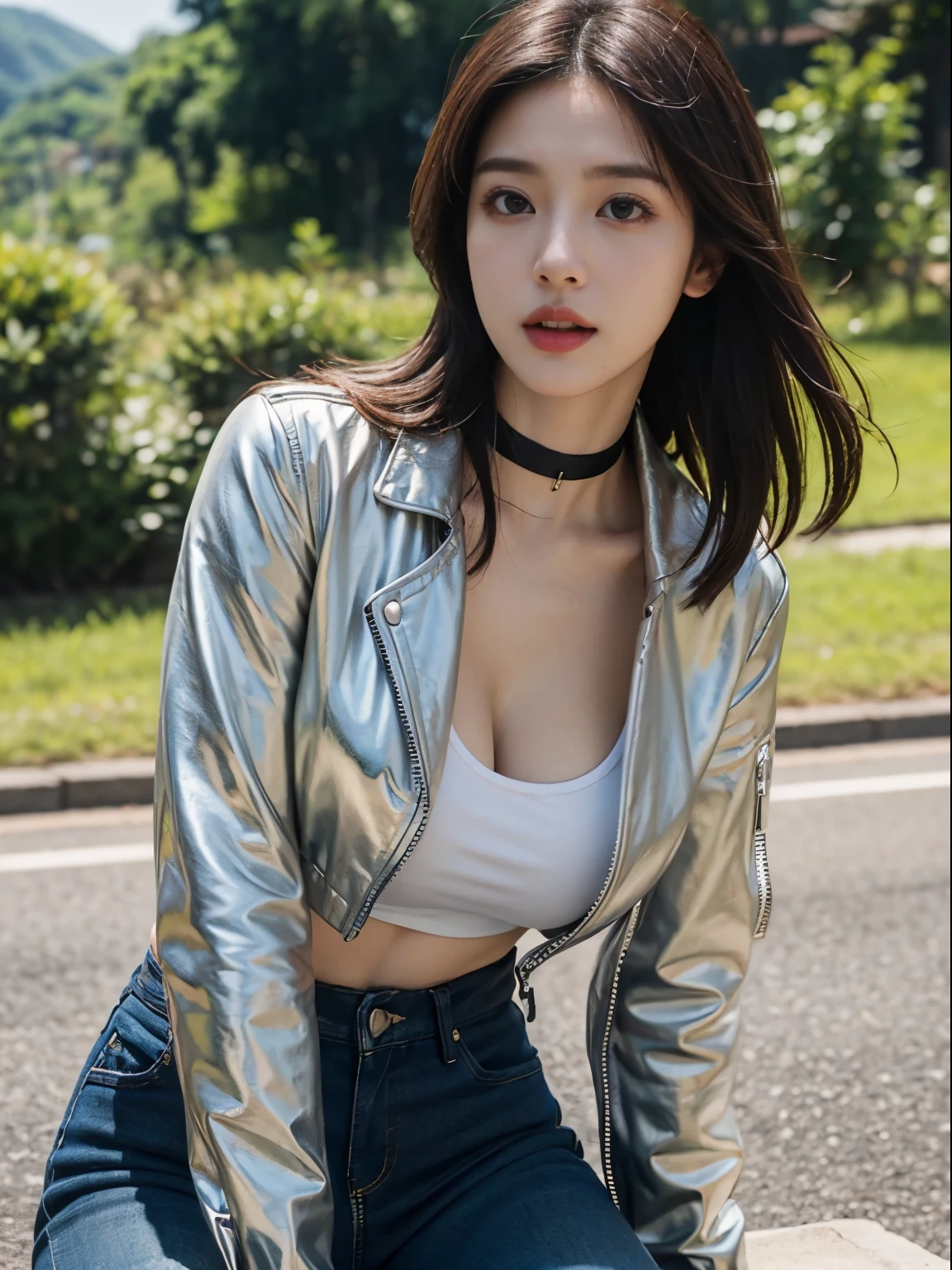1人の女性、Korea person、Korea person美女、leather jackets、corsets、a choker、Crotch chuck、intricate detailes、hightquality、(High class:1.4)、super realistic 8K、face perfect、Perfect、clean、masterpiece、Professional artwork、famousartwork、face perfect、Beautiful expression、beautidful eyes、short dark hair、wetting hair、very Bigger breasts、clothes shiny、model poses、Ultra-realistic 4K、Top image quality、natural park background