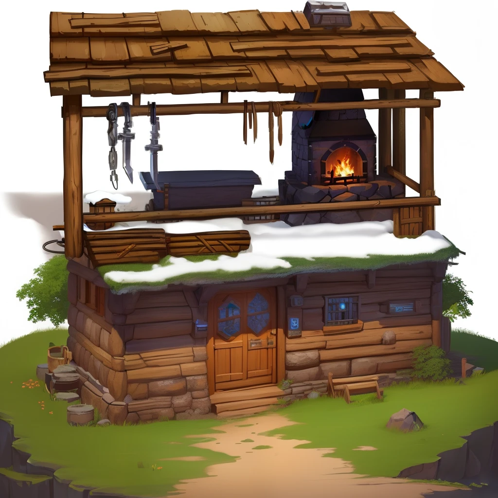 Close-up of a small hut with a fire, tavern background, cozy bistro, painted as a game concept-art, fantasy tavern background, Inside the weapons store, volcanic workshop background, stylized concept-art, concept-art, detailed game art, concept-art, concept-artwork, 2d game environment design, arte de fundo, stylized game art, game assets