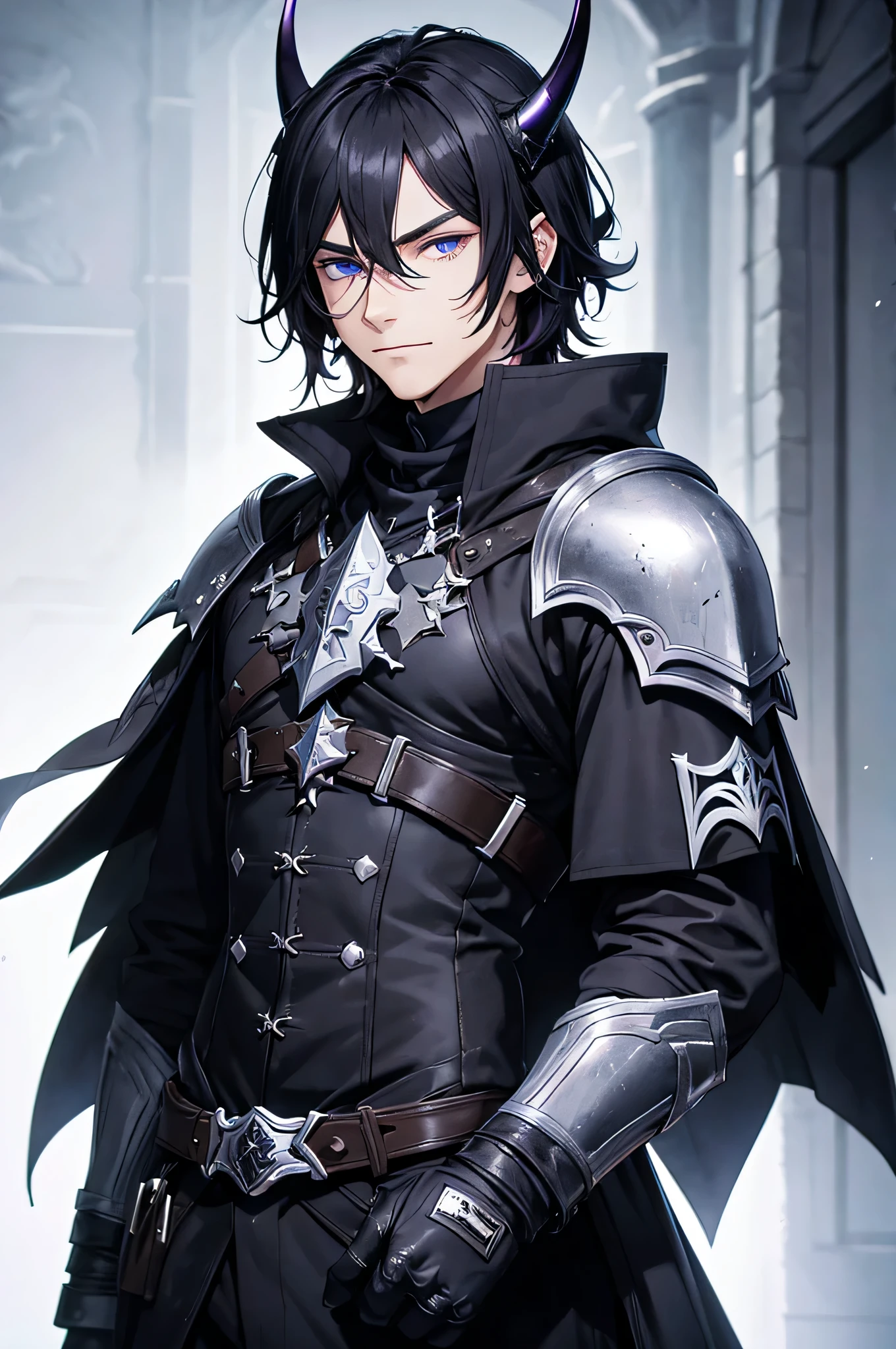 Ein eleganter ((Mann)) mit ausdrucksstarken Augen. Perfektes Gesicht, Blick auf den Betrachter. Der Mann hat langes ((schwarzes Haar)). Der Mann hat ((violette Augen)) und lange, elfenartige Ohren. He has two long demon horns on his head. He wears leather armor. Clothing for the Middle Ages, assasin, Dolch, easy smile, Detaillierter Hintergrund, Extreme Detailgenauigkeit, 4K
