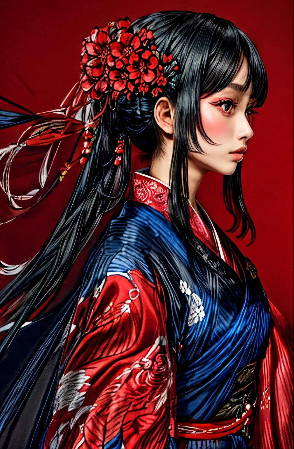 shiny black hair, de pele branca, Red flowers,Kimono with white pattern on dark blue background
