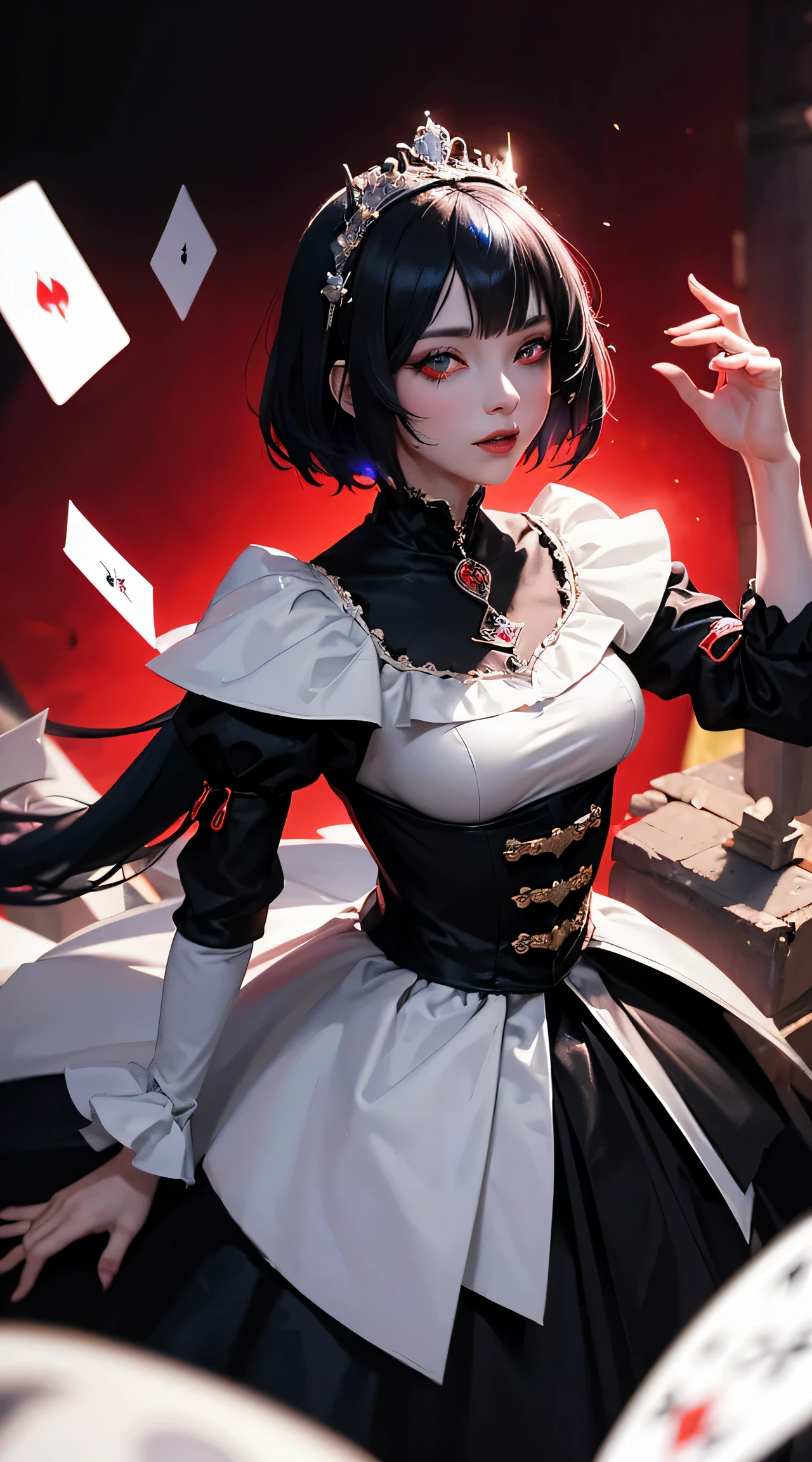 beautiful girl queen jester, halft black white hair, Eye pupils in the shape of love, jester dress, jester crown, card magic aura around her, clover and love card particles are red, red aura is blue like water, HD lighting and dark )<=(epic image quality)dark atmosphere with bright particle light(many effects in background