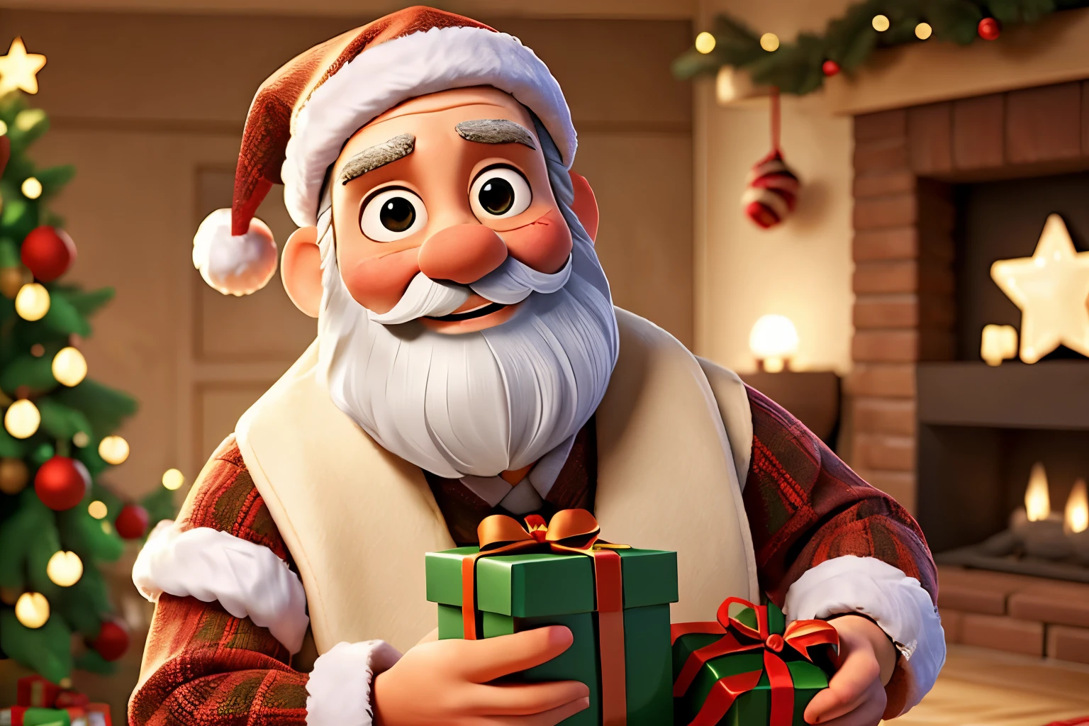 (ultra-detailed,realistic:1.37) Santa Claus with a bushy white beard, holding a sack full of Christmas gifts, surrounded by a variety of beautifully wrapped presents and a Christmas photo frame. The scene is set in a room decorated with green ornaments and Christmas lights, creating a festive ambiance. The main focus of the image is on Santa Claus and the gifts, with a golden center space for text or any other message. The overall image quality is of the highest standard, capturing every intricate detail in 8K resolution. The colors are vivid, with a hint of warmth to enhance the holiday spirit. The lighting brings out the magical atmosphere of Christmas, illuminating Santa Claus and the surrounding scene. Spread the joy and happiness of the holiday season!