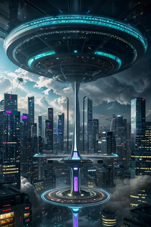 (Future city in the cloud, flying cars: 1.4), Technologically advanced architecture, Bustling streets, The future of transportation, skyscrapers piercing the clouds, floating platforms, neonlight, Holographic billboard, Bustling market, Unusual vehicle design, and streamline, elevated walkway, A seamless blend of nature and technology, advanced monitoring, Advanced energy, Drones soar in the sky, Bustling roof garden, Bustling aerial cable car , Transparent and sustainable architecture, Innovation infrastructure, Advanced artificial intelligence to manage city operations, Clean and pollution-free environment, Glass dome with green park, Advanced communication network, A vibrant and diverse community, State-of-the-art medical facilities, Innovative entertainment venues, Man and machine live in harmony, amazing floating structure, A vibrant and surreal color palette, Dynamic and immersive lighting effects, Reflection and refraction of light in buildings. (Best quality at best, 4K, A high resolution, ultra - detailed, actual: 1.37), HighDynamicRange, Futuristic cyberpunk style, Vibrant neon tones, Soft and diffuse lighting effects.