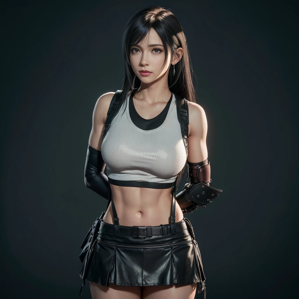 (best quality,ultra-detalhado),(Realistic:1.37),Tifa Lockhart, Rosto bonito e detalhado, maquiagem preta nos olhos, expression serious, textura ultra realista, rosto delicado, corpo delicado, Fit physique, usando batom e brilho labial