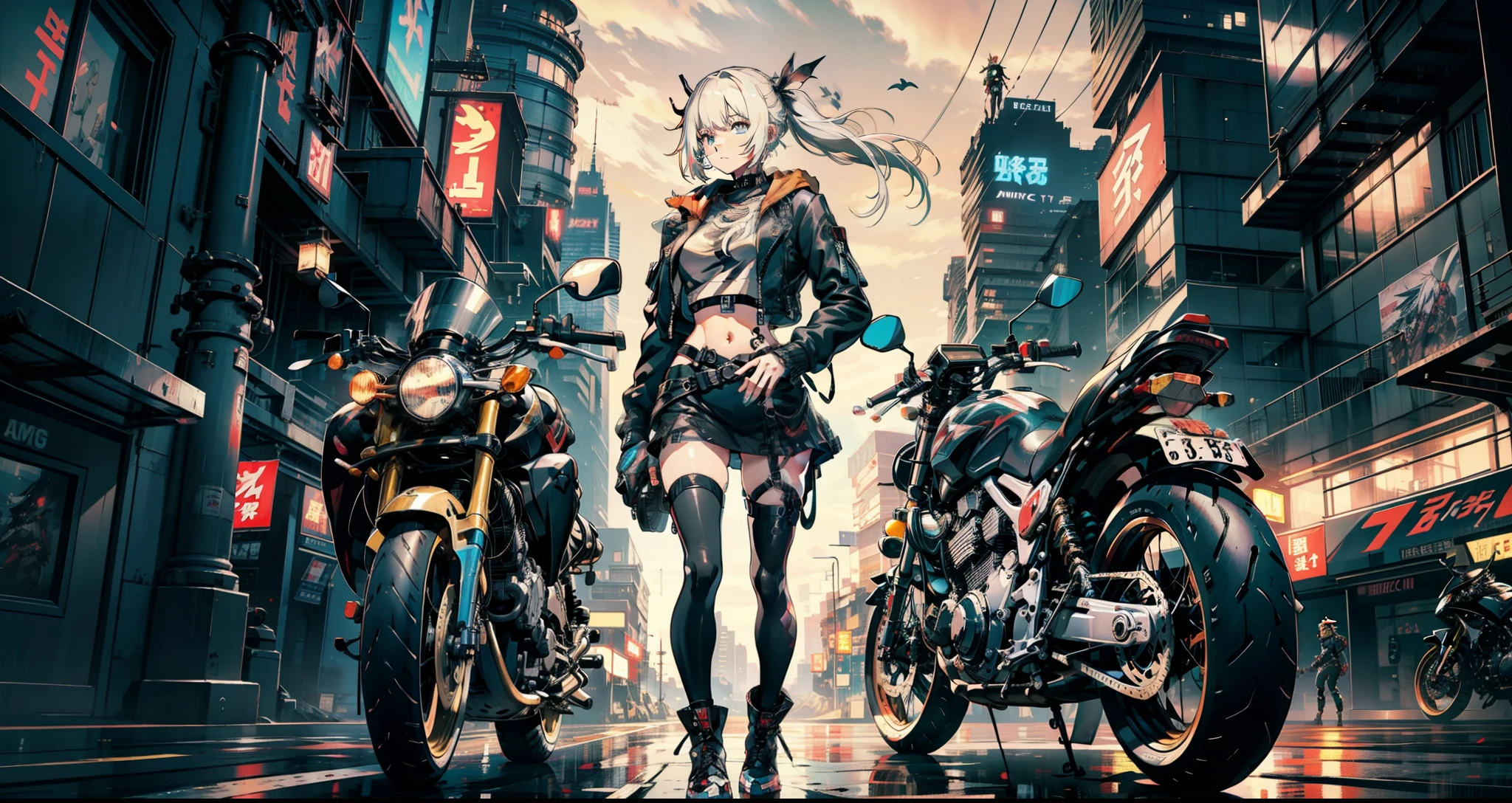 cyberpunked、girl with、mechanic、comical、Anime style、white hair、motor bikes、Rider Jacket、punk coloring、sity、ナイトsity、A woman whose body was turned into a machine、group