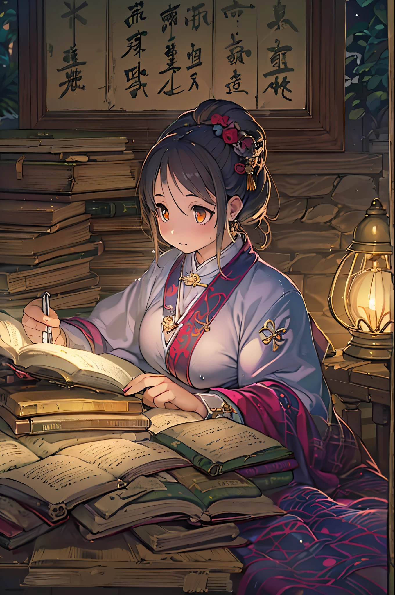 Photo of beautiful girl in traditional chinese dress looking at ancient chinese books under lamp on low table in old walled garden at peaceful night,((he has a pen in his right hand.、Place your left hand on the table)),((masutepiece)),Realistic,4K,,((Beautiful big eyes))、huge-breasted