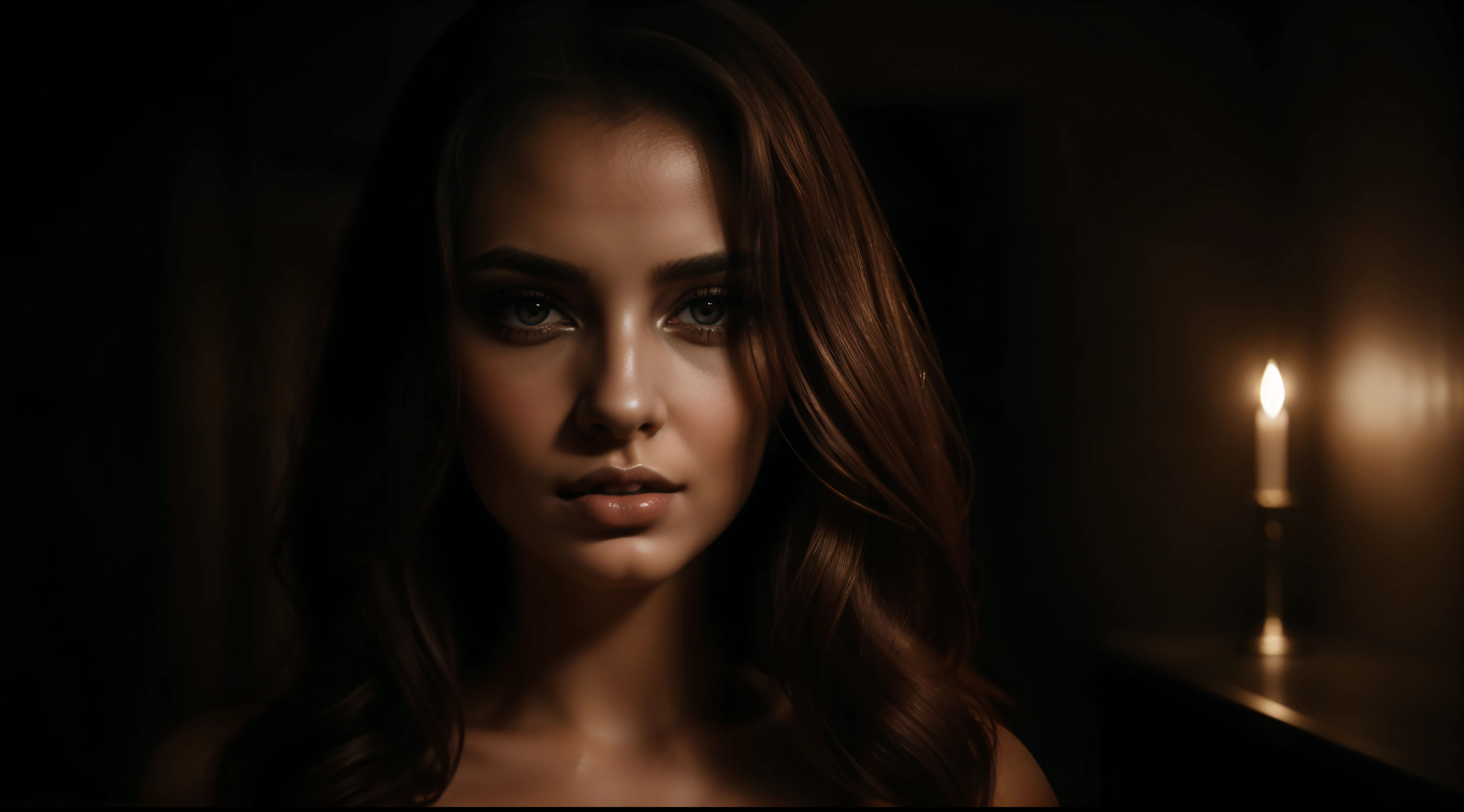 (a detailed portrait of a woman in a dark room,[Raiana-Elizabeth-Dilla],half-dressed,extremely detailed and realistic (red) clothes,loose wavy hair,heavy makeup on her eyes and lips,a seductive expression on her face,a sensual pose,soft lighting,moody atmosphere,shadowy background)(best quality,high-res,ultra-detailed,provocative and mysterious,portrait,photography,monochrome)