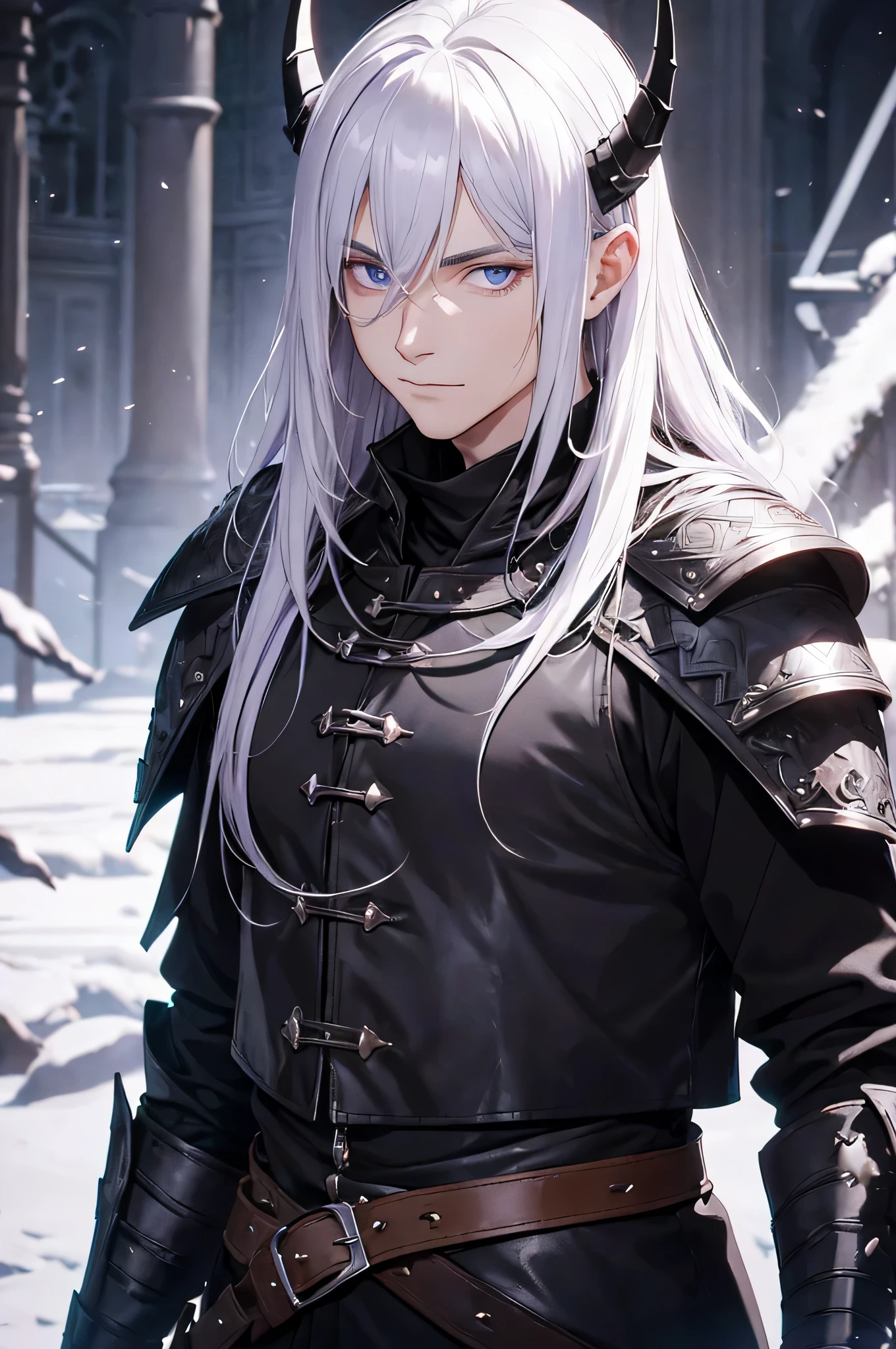 Ein eleganter ((Mann)) mit ausdrucksstarken Augen. Perfektes Gesicht, Blick auf den Betrachter. Der Mann hat sehr langes ((schwarzes Haar)), zu einem Pferdeschwanz zusammen gebunden. Der Mann hat ((violette Augen)) und lange, elfenartige Ohren. He has two demon horns on his head. He wears leather armor. Clothing for the Middle Ages, assasin, Dolch, easy smile, Detaillierter Hintergrund, Extreme Detailgenauigkeit, 4K