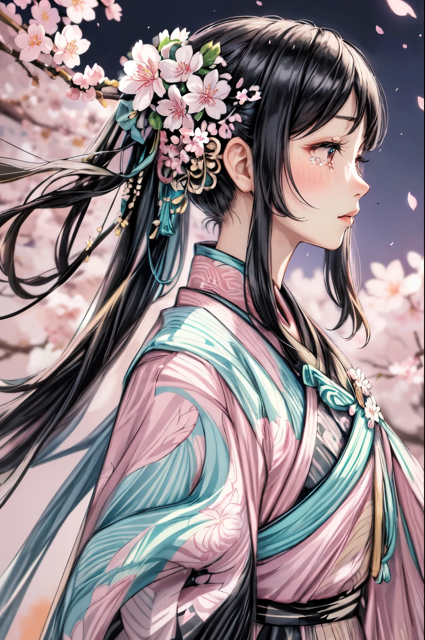 1lady solo, from side, lustrous kimono (icy colors:1.2), (flower ornament), mature female, /(black hair/), (tears:1.3), facing away, (masterpiece best quality:1.2) delicate illustration ultra-detailed BREAK outdoors, (cherry blossoms illuminated at night:1.2), (flower petals dancing down:1.2), (small moon)