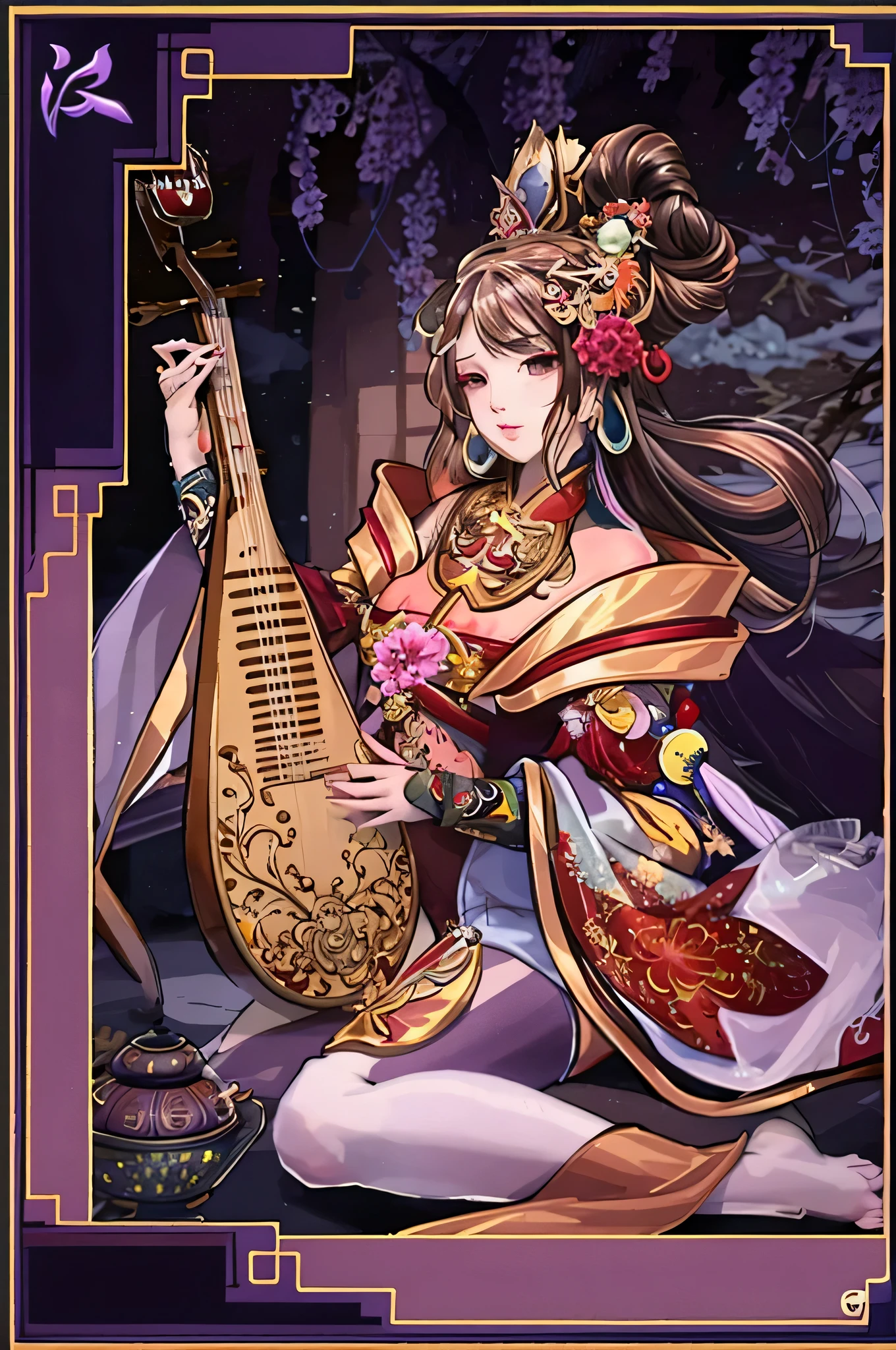 Wearing oriental clothing、woman holding musical instrument, 《genshin impact》Zhongli in Zhongli, full card design, Very detailed official artwork, beautiful fantasy empress, 《genshin impact》Ke Qingyu, ((beautiful fantasy empress)), The cover of the game, chinese empress, Trading cards, full art, Inspired by Wu Li, Inspired by Zhu Lian, inspired by Wu Bin, bian lian