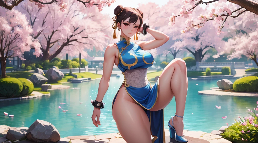(best quality,8k,highres,masterpiece:1.2),ultra-detailed,realistic,photorealistic:1.37,portrait,long legs,beautiful detailed eyes,beautiful detailed lips,fit body,strong thighs,feminine curves,vibrant colors,studio lighting,Chinese martial artist,wearing a blue qipao dress,high heels,braided hair,fierce expression,powerful and confident stance,traditional Chinese garden in the background,subtle cherry blossom petals falling,emulating a powerful kick,with a graceful and elegant pose,the garden bathed in warm sunlight,creating a soft and dreamy atmosphere,showcasing the beauty and strength of Chun-li.