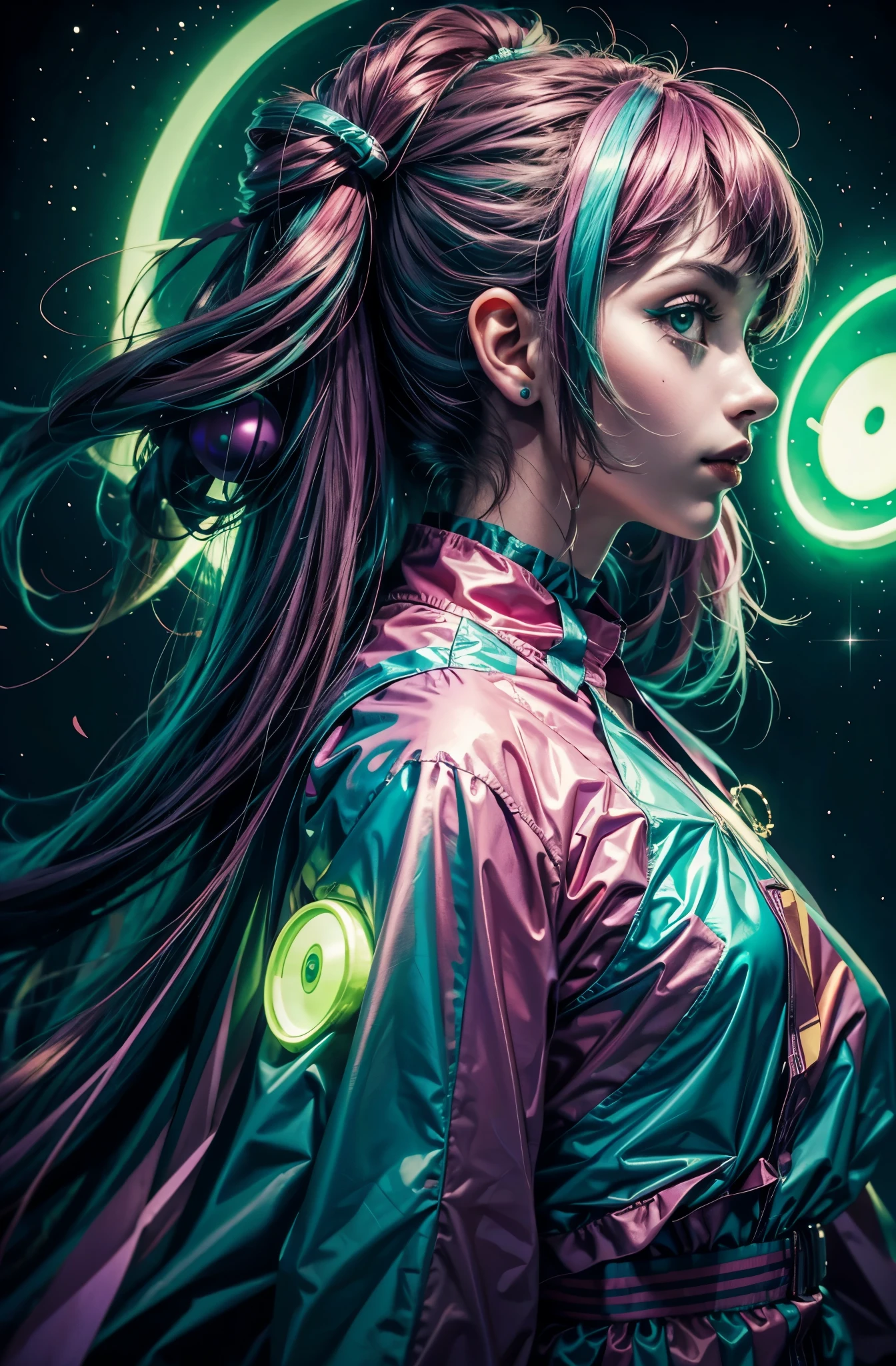 18 year old taboo clown girl face, ((Clown Girl)) ,Ghostly eyes and green light,neonlight