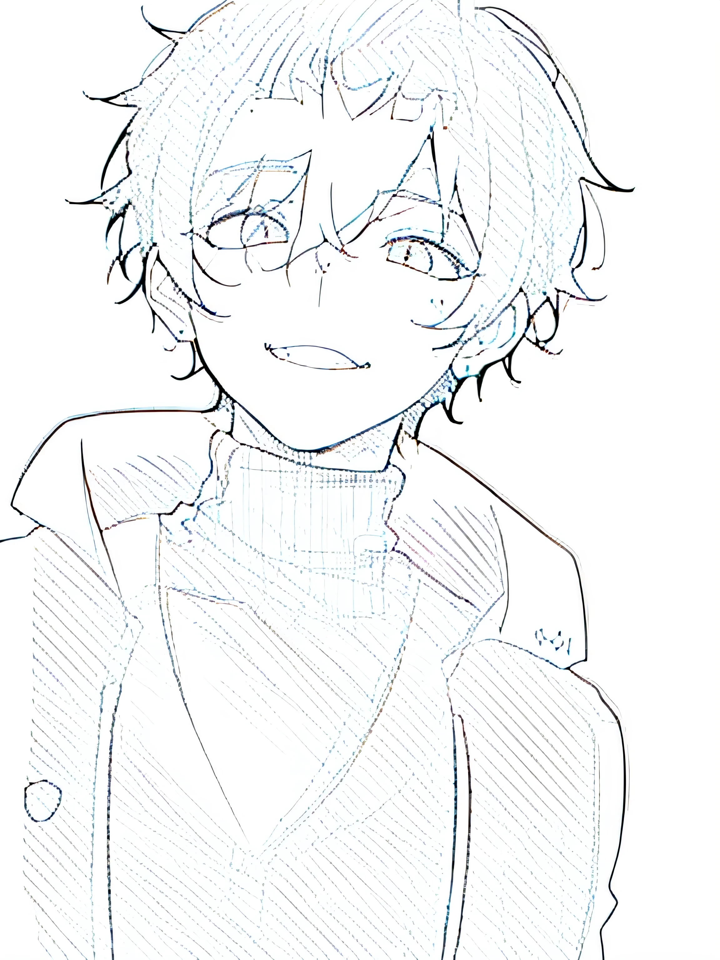 best quality, high resolution, clean background, high contrast, (((1boy:1.1))), line-drawing, sketch, ((tight medium shot))), white background, clean line drawings, (fringe hairstyle), (naughty face), smile face, (((turtleneck:1.1))), (Mashed Hair),