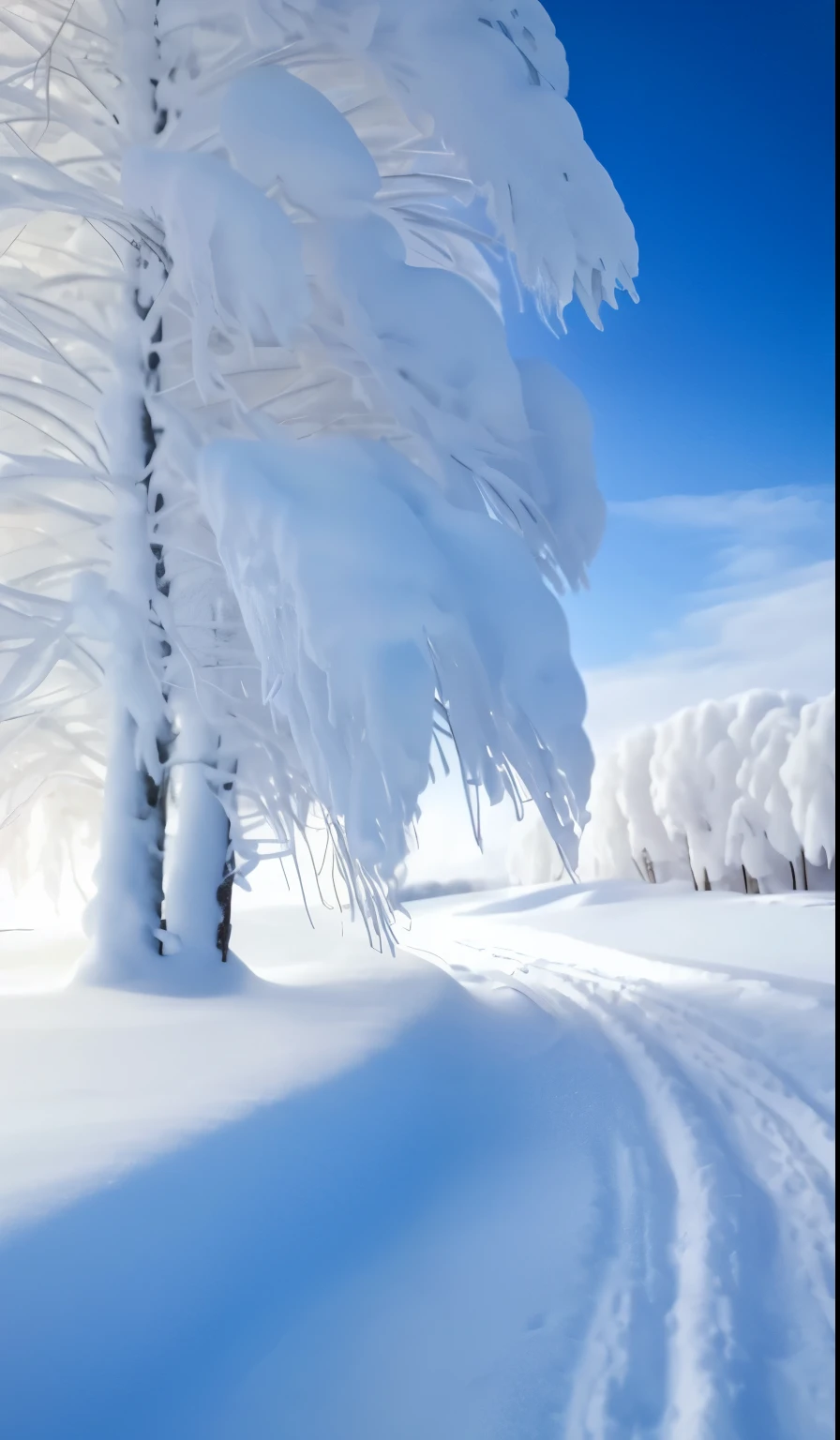 Snowy trees in fields with blue sky and trails, beautiful snow landscape, beautiful winter area, White snow皑皑的冬天, Snow in winter, snow landscape, 4 0 9 6, White snow皑皑的冬天 scene, winter atmosphere, snow landscape, snow forest, Winter wonderland, sunny winter day, Cold snow, Snowy environment, White snow, Snowy background, Snow and