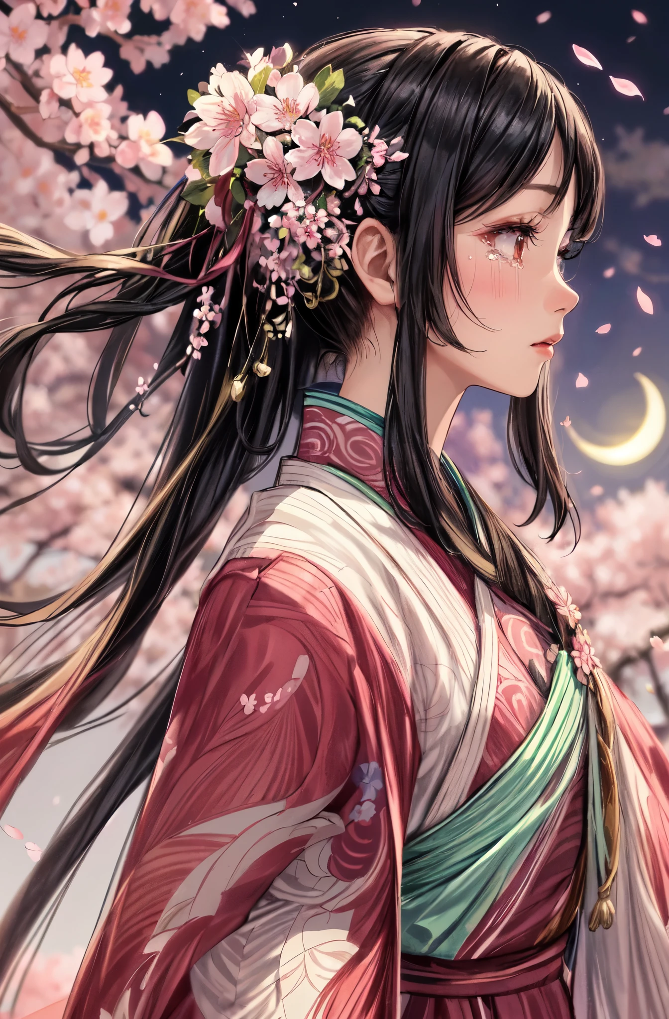1lady solo, from side, lustrous kimono (icy colors:1.2), (flower ornament), mature female, /(black hair/), (tears:1.3), facing away, (masterpiece best quality:1.2) delicate illustration ultra-detailed BREAK outdoors, (cherry blossoms illuminated at night:1.2), (flower petals dancing down:1.2), (small moon)