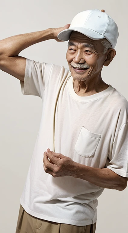 Make a picture of a very happy old Indonesian man. thin body. His head wears a white Muslim cap. His body is wearing a T-shirt that says 'Diskusi Asyik' with 3 buttons and a pocket. Plain white background