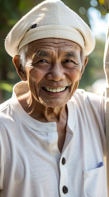 Make a picture of a very happy old Indonesian man.  thin body.  His head wears a white Muslim cap.  His body is wearing a T-shirt that says 'Diskusi Asyik' with 3 buttons and a pocket.  Plain white background