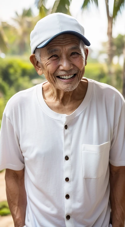 Make a picture of a very happy old Indonesian man. thin body. His head wears a white Muslim cap. His body is wearing a T-shirt that says 'Diskusi Asyik' with 3 buttons and a pocket. Plain white background