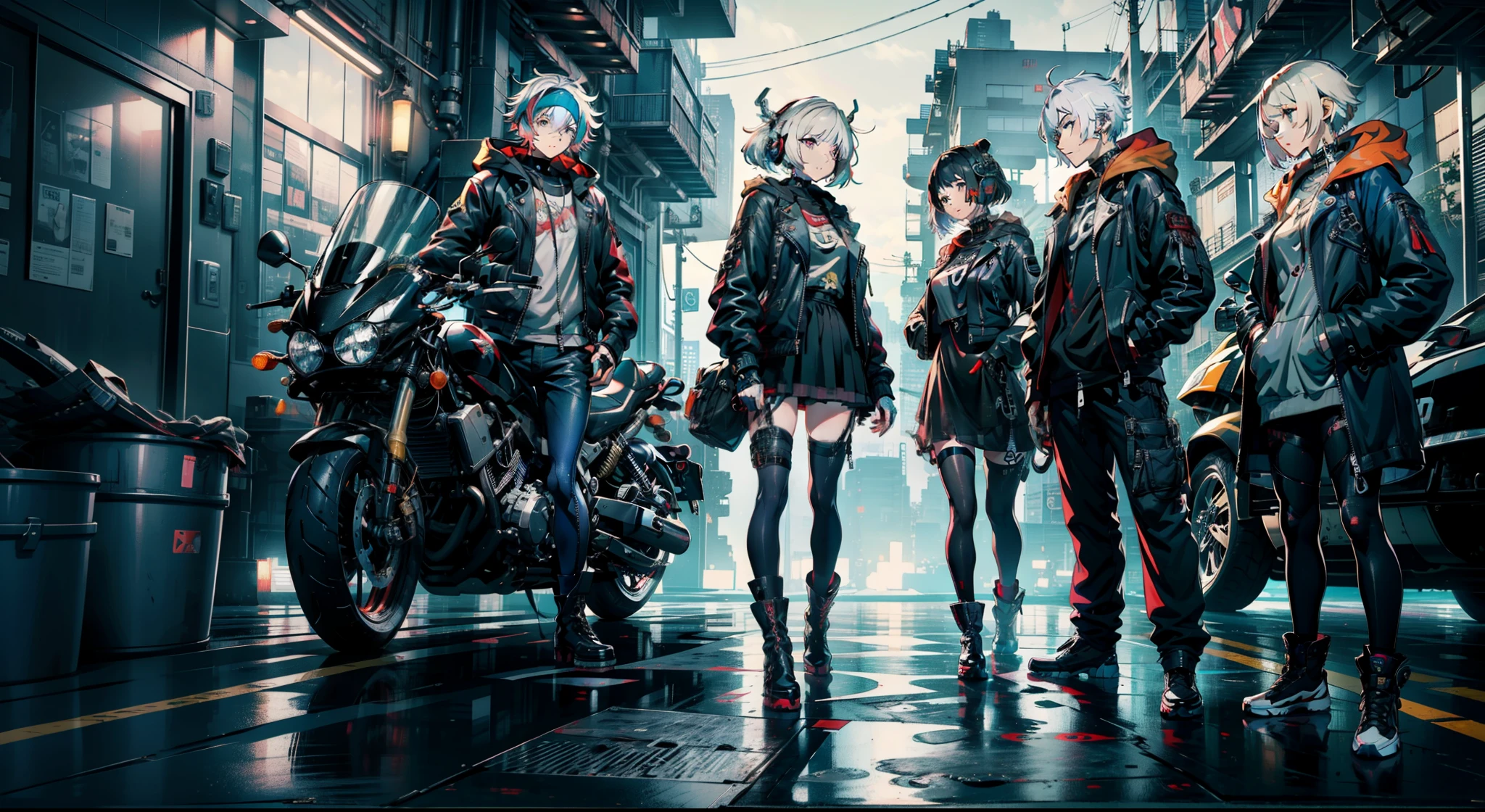 cyberpunked、girl with、mechanic、comical、Anime style、white hair、motor bikes、Rider Jacket、punk coloring、sity、ナイトsity、A woman whose body was turned into a machine、group
